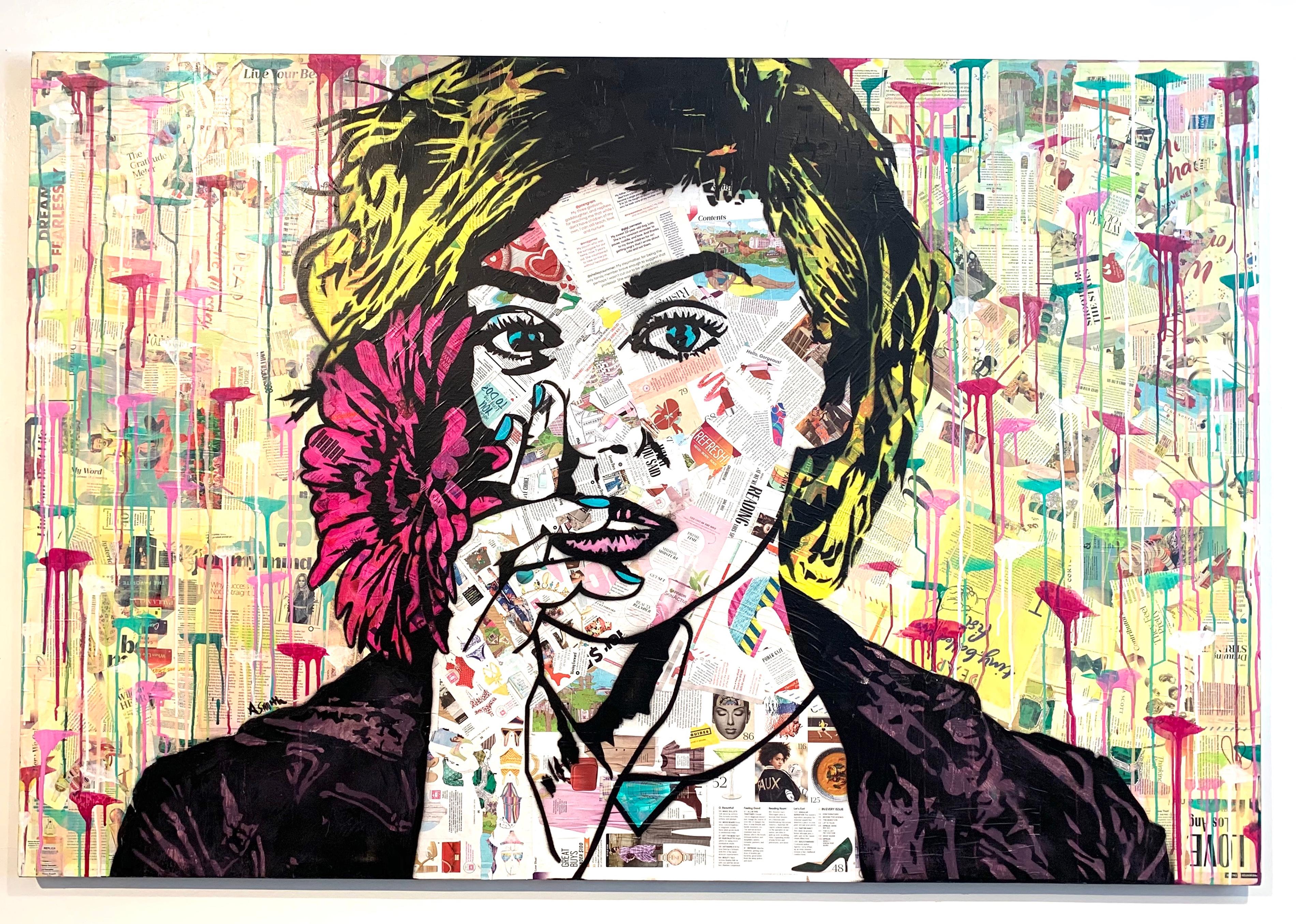 Magazin-Collage „ „Feeling Lucky““ – Zeichnung, Bleistift, Acryl und Sprühfarbe auf Holz – Mixed Media Art von Amy Smith