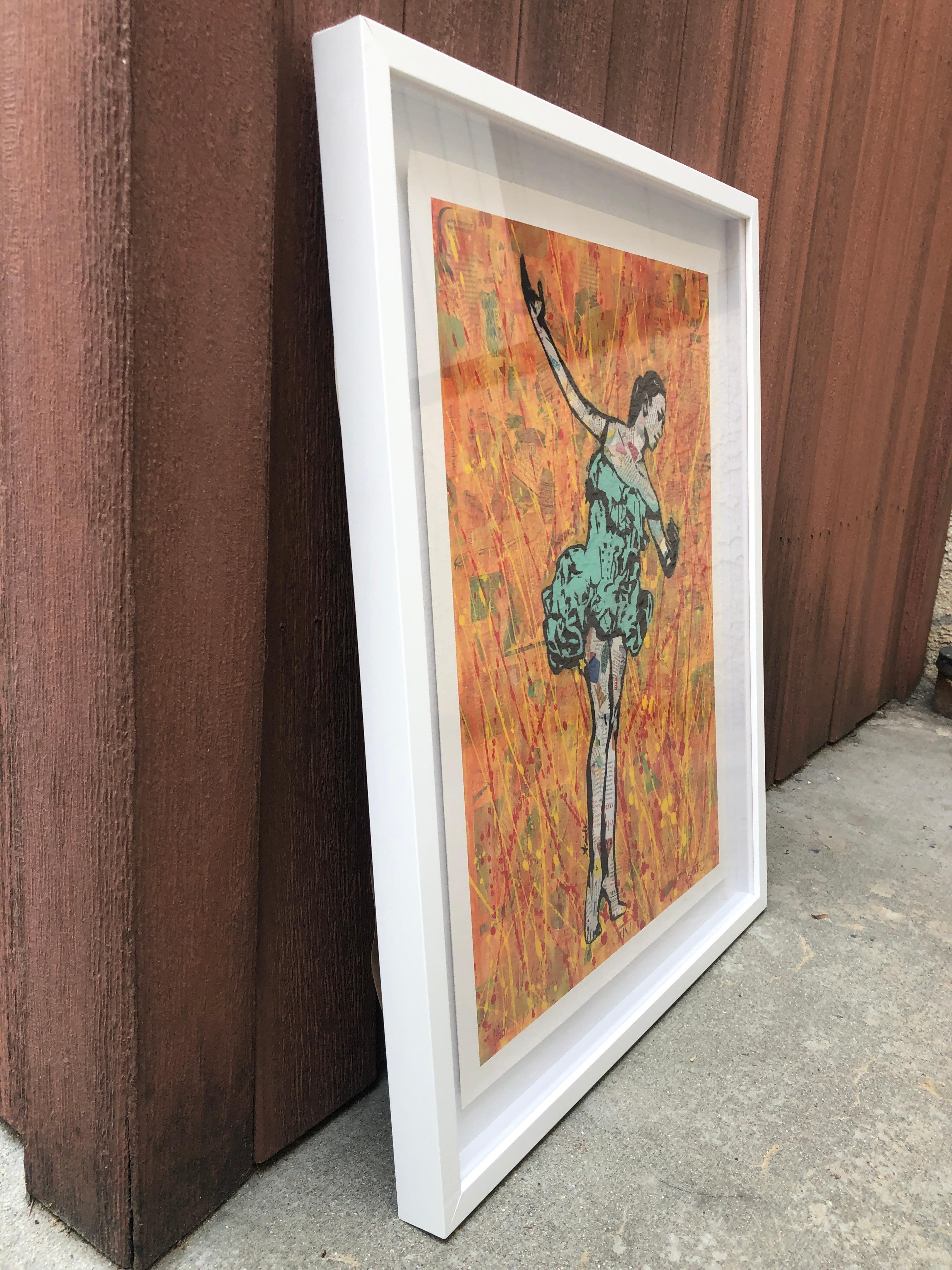 Fire Dancer - Framed Contemporary Pop Art Print of Ballet  + Orange and Teal - Blue Figurative Painting by Amy Smith