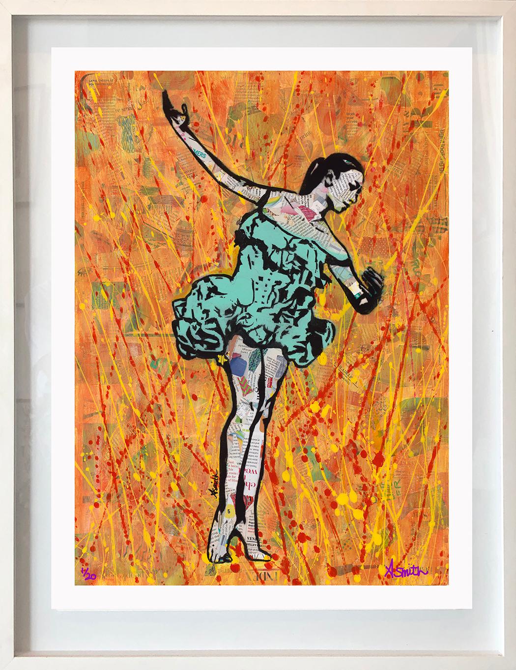 Amy Smith Figurative Painting - Fire Dancer - Framed Contemporary Pop Art Print of Ballet  + Orange and Teal