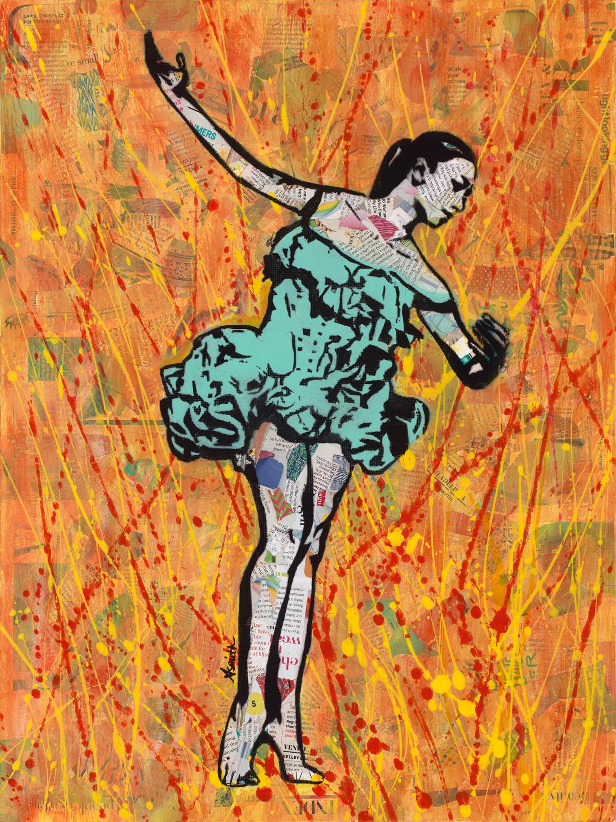 Fire Dancer - Framed Abstract Mixed Media Pop Art Painting of Ballet + Orange 