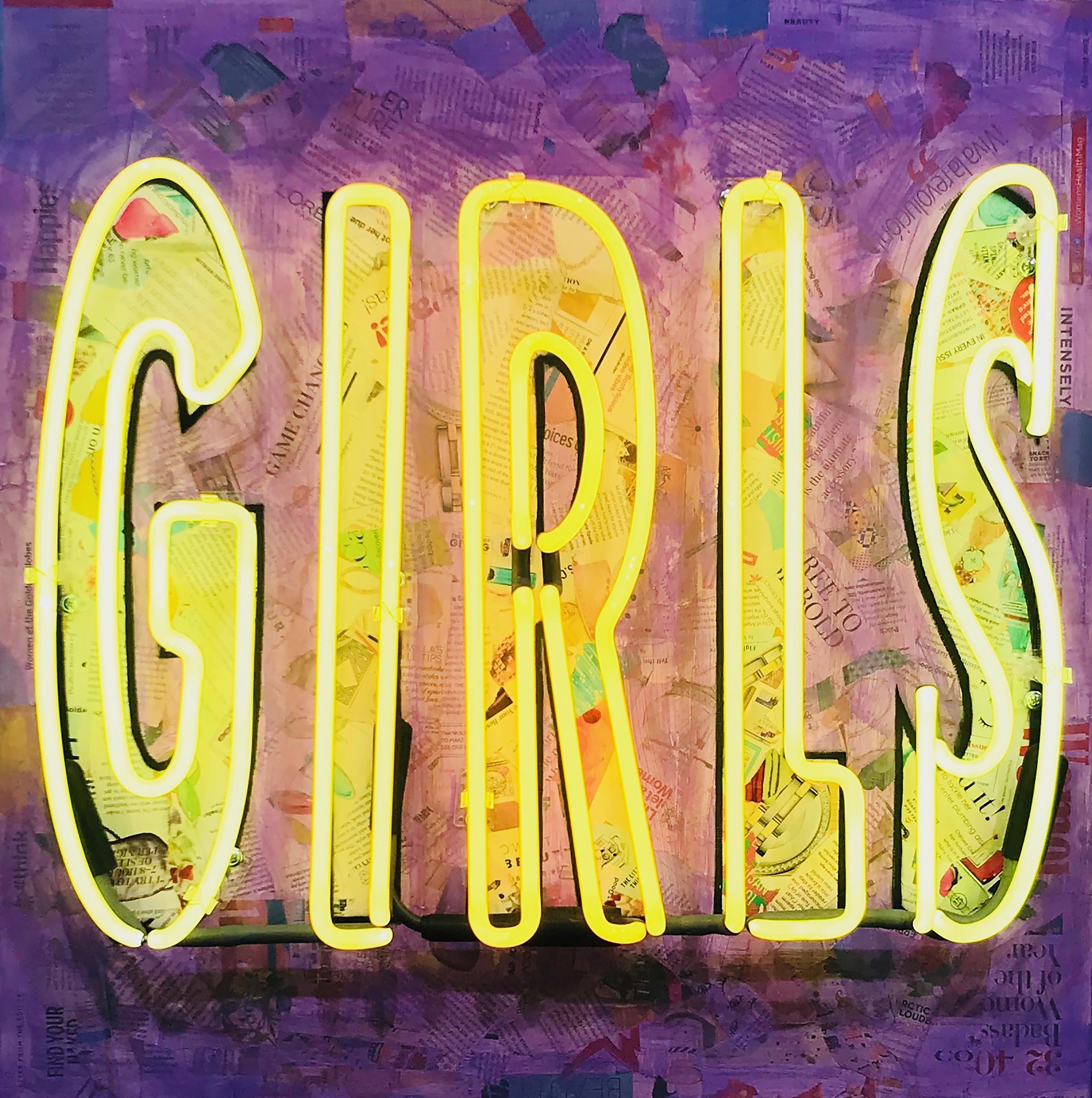 "Girls"-Mixed Media Collage, Stencil and Acrylic, with Neon on Wood - Mixed Media Art by Amy Smith