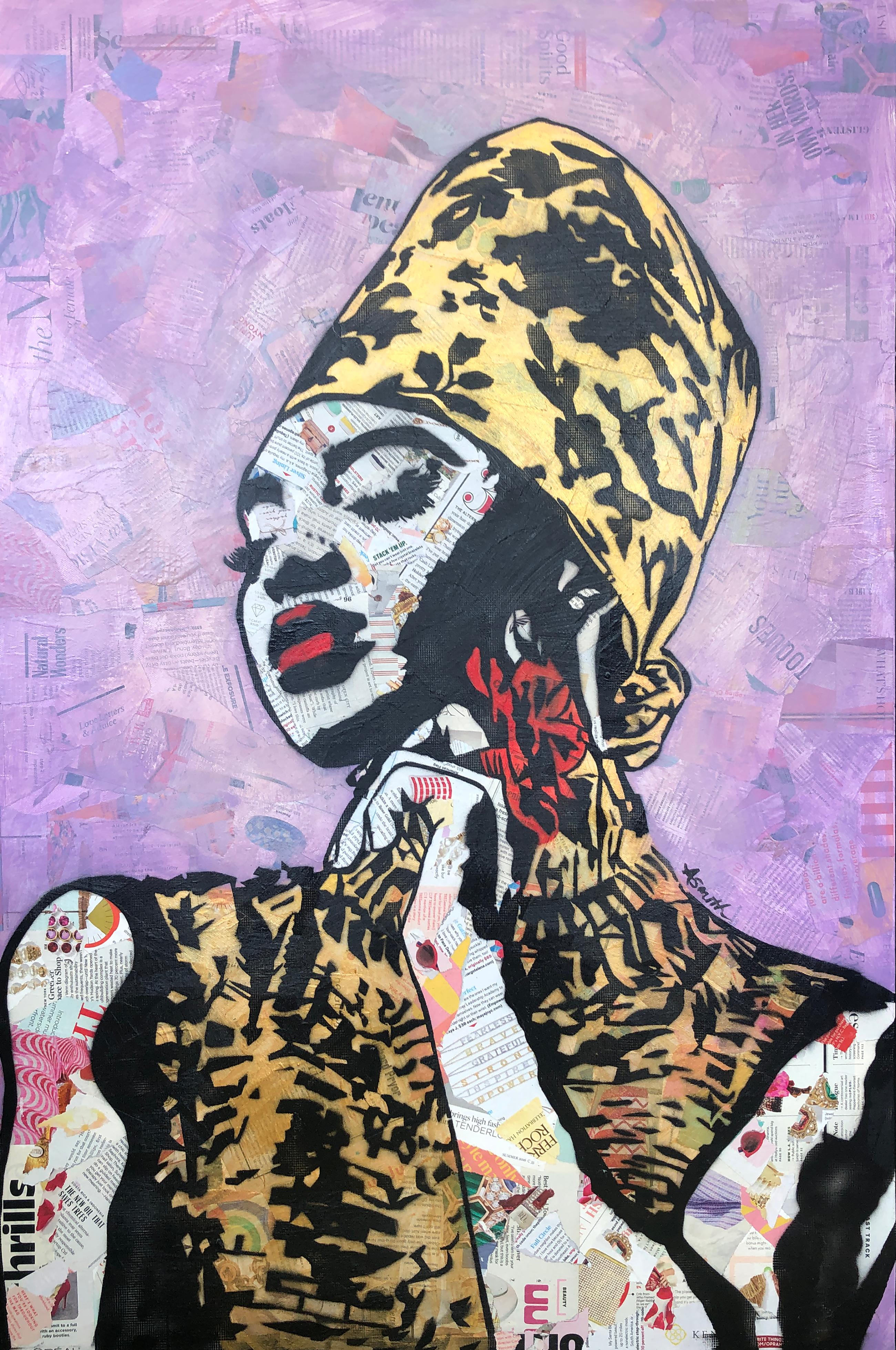 "Golden"-magazine collage, acrylic & spray paint on canvas 