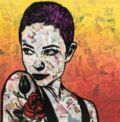 "Kate Kelton"- Magazine collage, stencil, acrylic, spray paint on canvas 