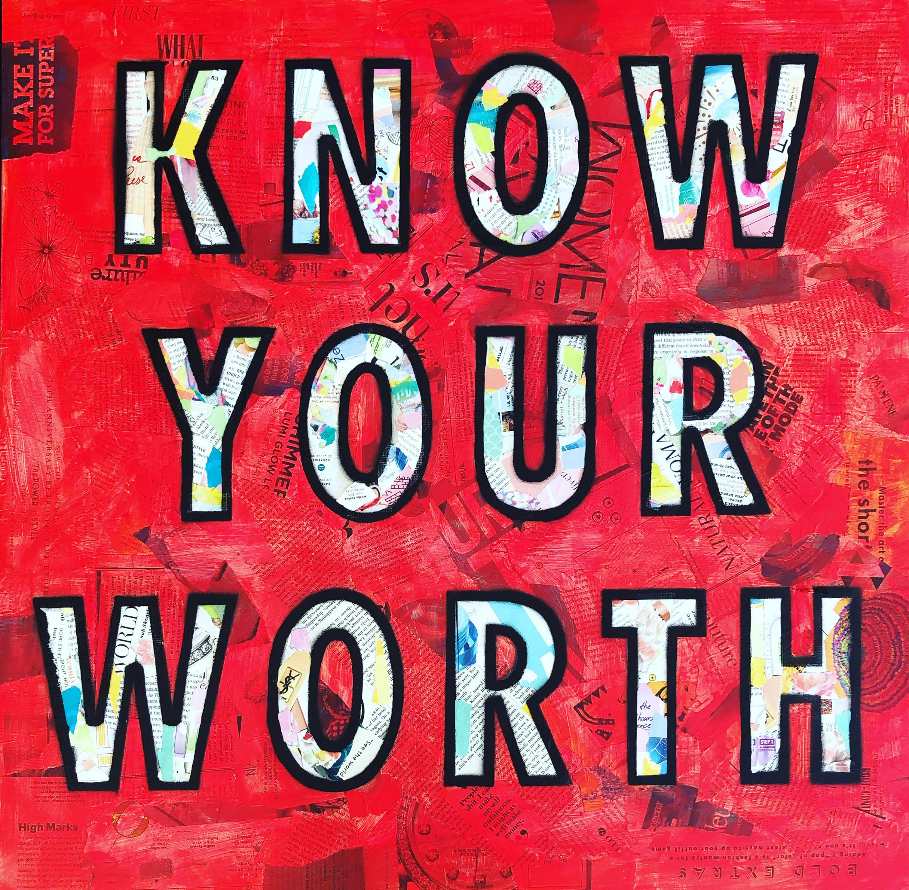 Amy Smith Abstract Painting - Know Your Worth - Mixed Media Collage Red + Black + White