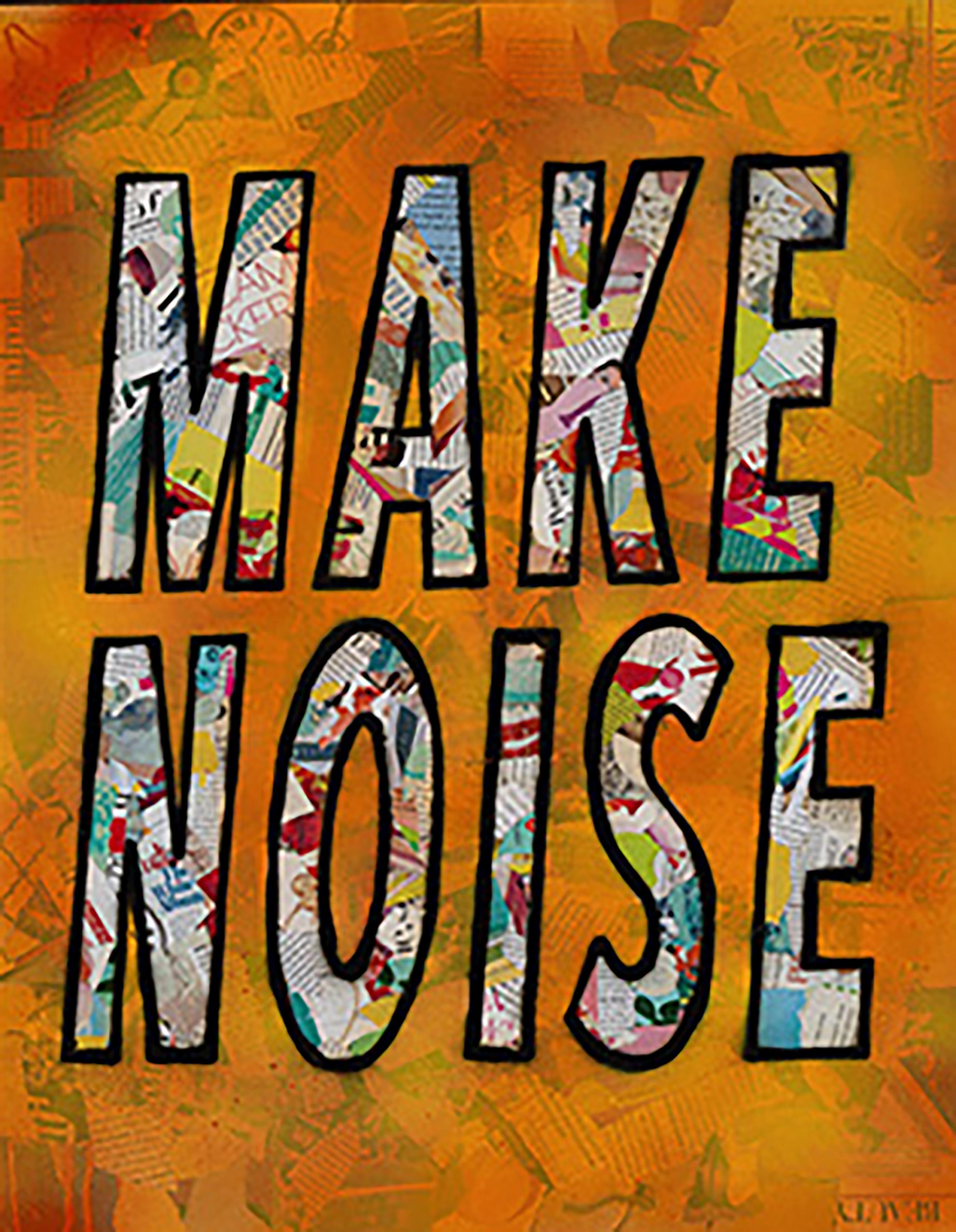 Magazin-Collage „“Make Noise“ – Acryl und Sprühfarbe auf Leinwand – Mixed Media Art von Amy Smith