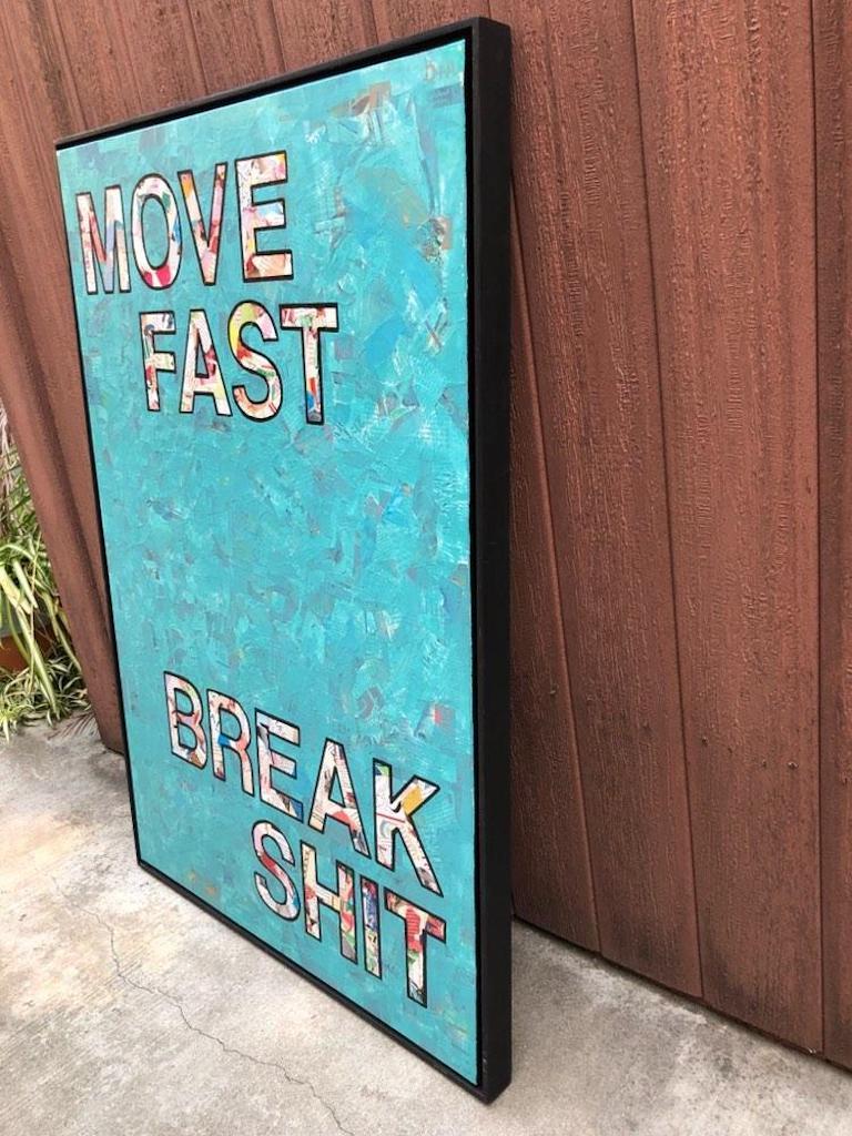 Move Fast- Contemporary Pop Art Collaged Text Painting (Teal+White+Black) 2