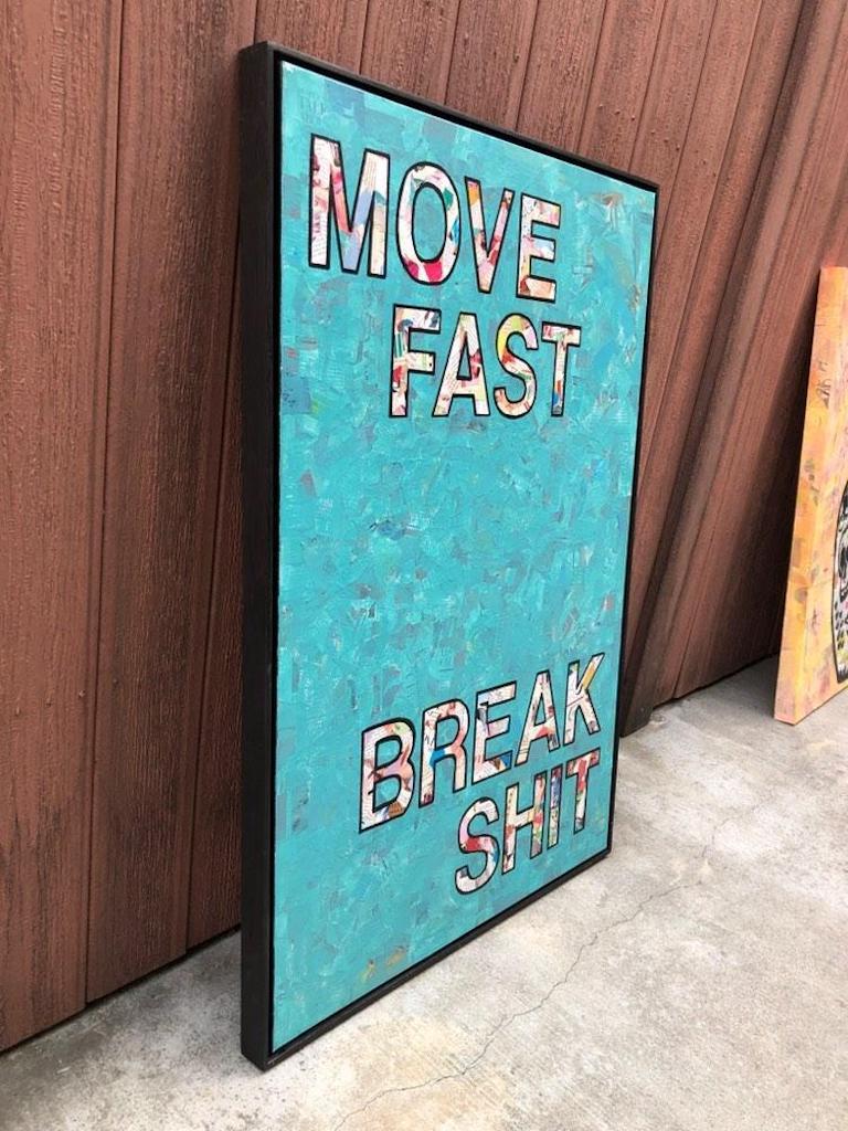 Move Fast- Contemporary Pop Art Collaged Text Painting (Teal+White+Black) 3