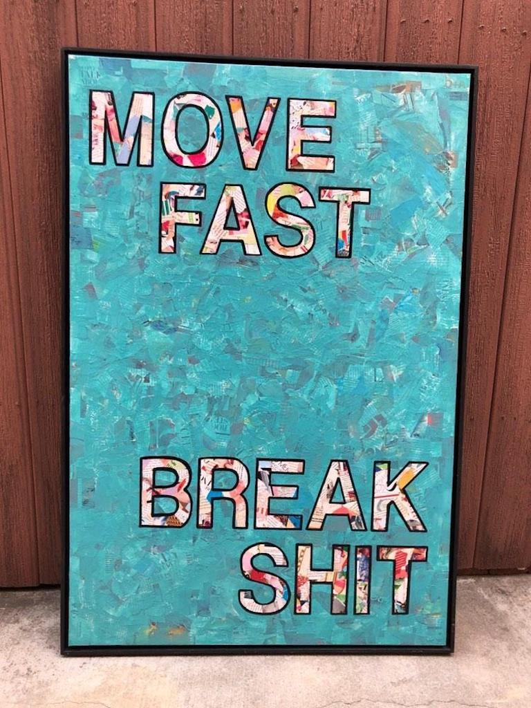 Move Fast- Contemporary Pop Art Collaged Text Painting (Teal+White+Black) 4