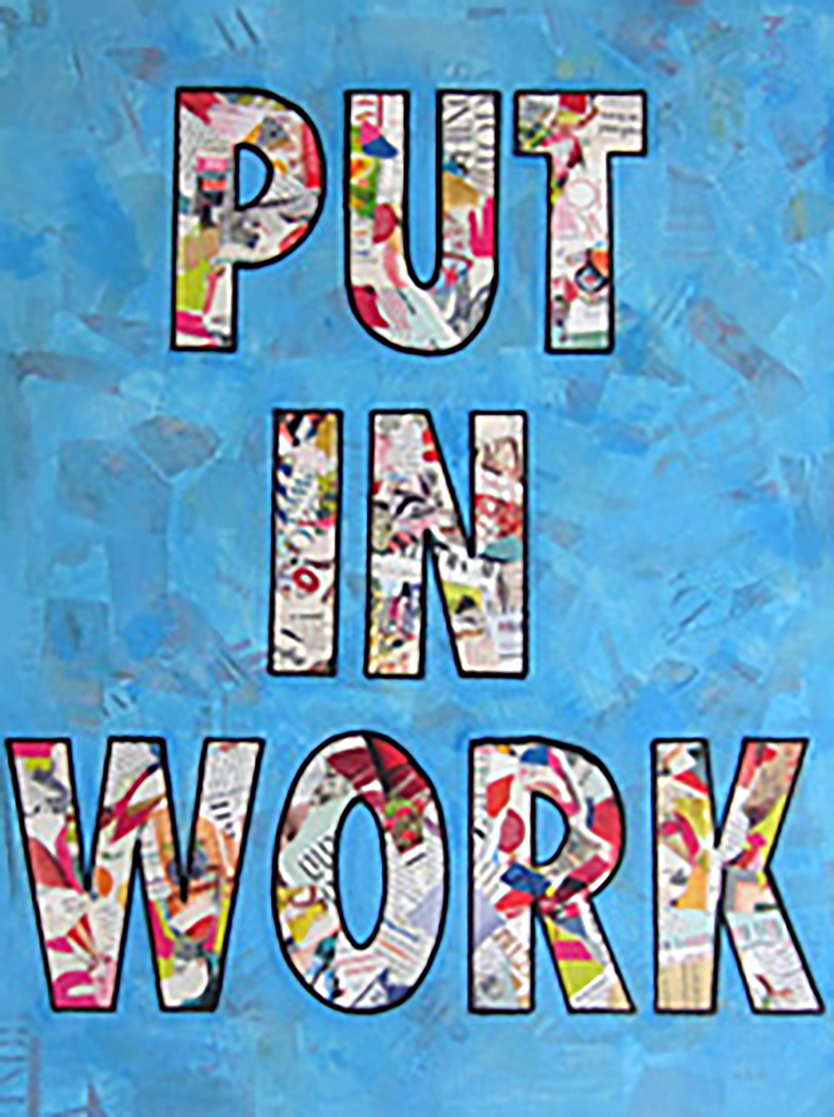 Magazin-Collage „ „Put In Work“ – Acryl und Sprühfarbe auf Leinwand – Mixed Media Art von Amy Smith