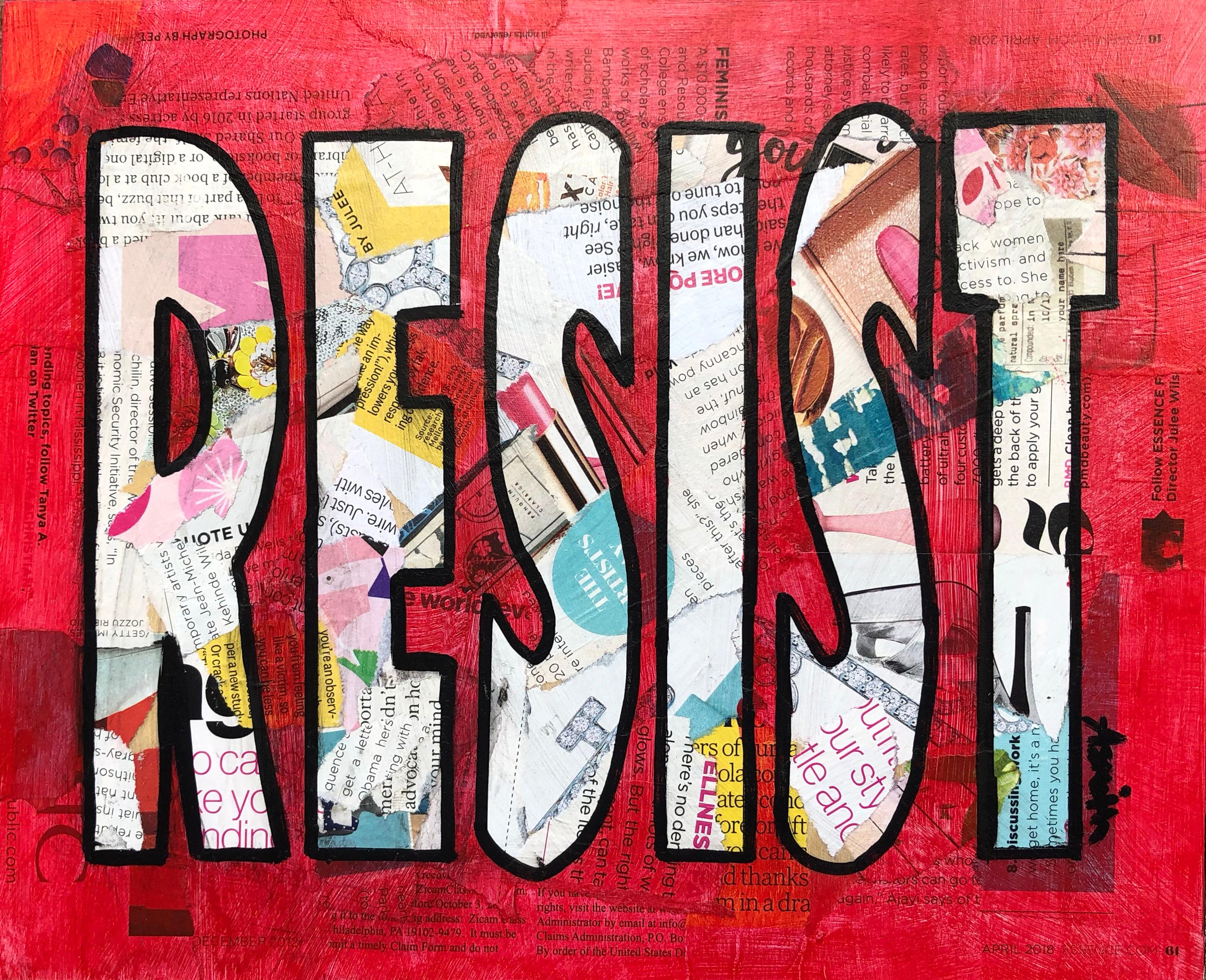 Amy Smith Abstract Painting - Resist - Contemporary Pop Art Mixed Media Collage Text Painting