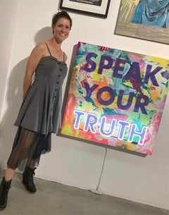 "Speak Your Truth"   mixed media collage on wood with neon