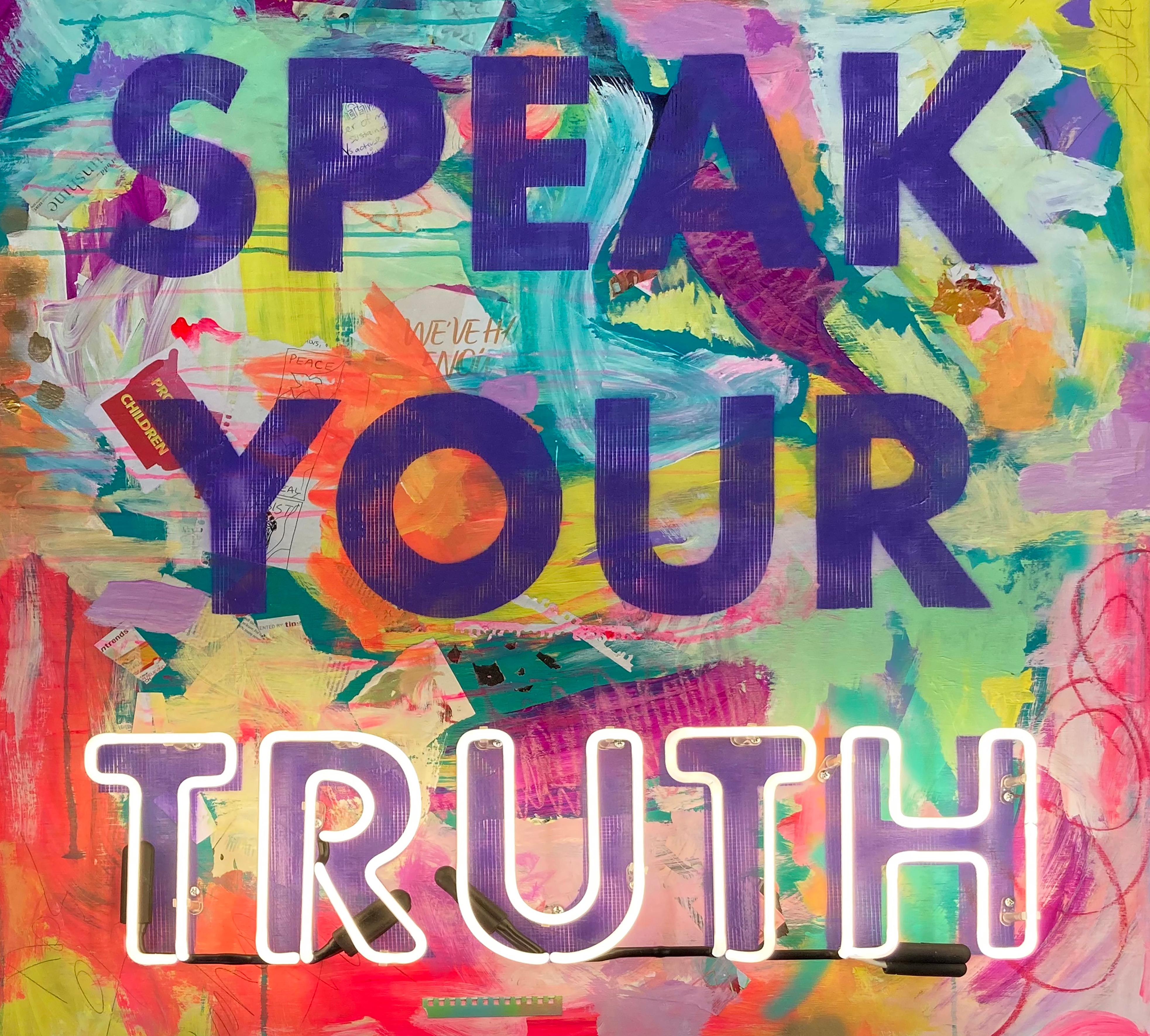 Amy Smith Figurative Painting - "Speak Your Truth"   mixed media collage on wood with neon