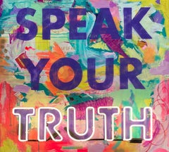 « Parler votre vérité »   collage de techniques mixtes sur bois avec néon