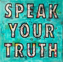 Speak Your Truth - Mixed Media Collage Teal + Black + White