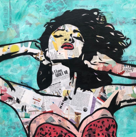 Amy Smith Teal Clouds Magazine Collage Stencil Acrylic And Spray Paint On Wood For Sale At 1stdibs