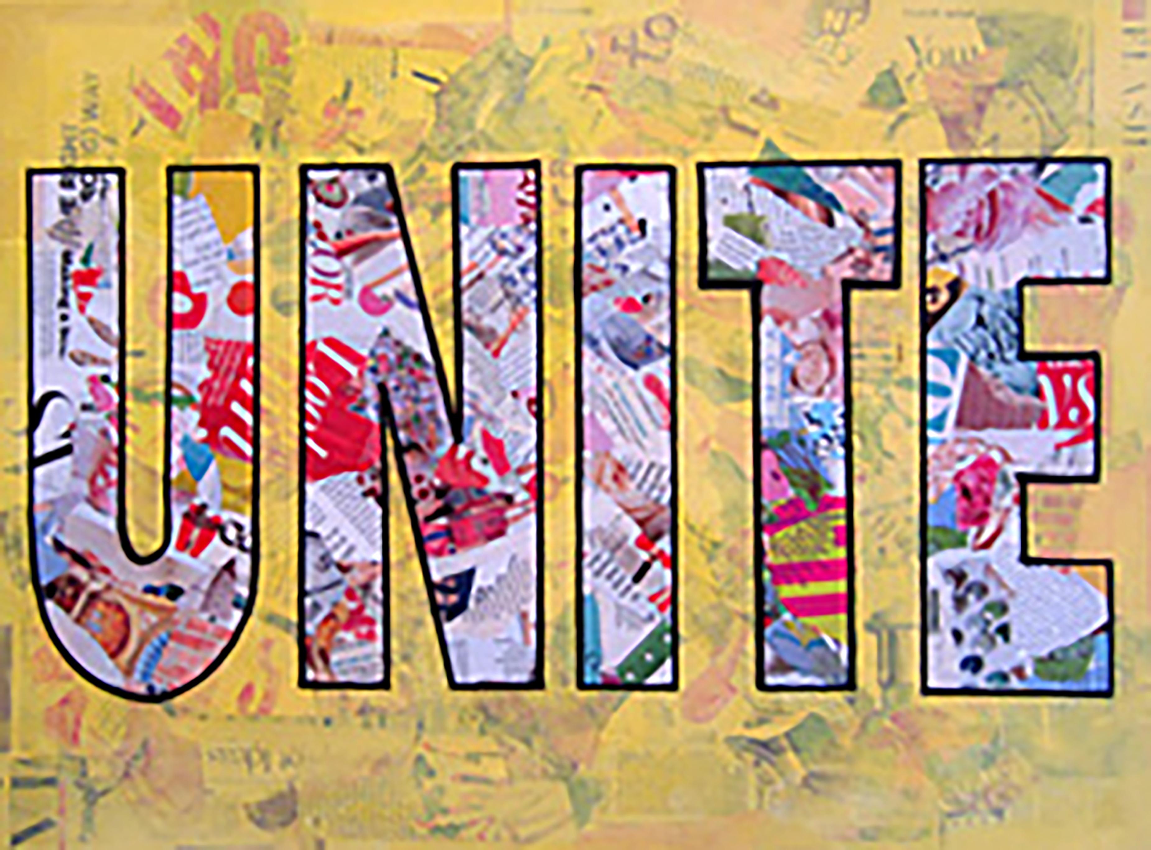 « Unite » -Magazine Collage, acrylique et peinture à l'aérosol sur toile