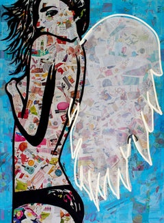 Winged - Mixed Media Collage Portrait of female with wings White + Blue + Black