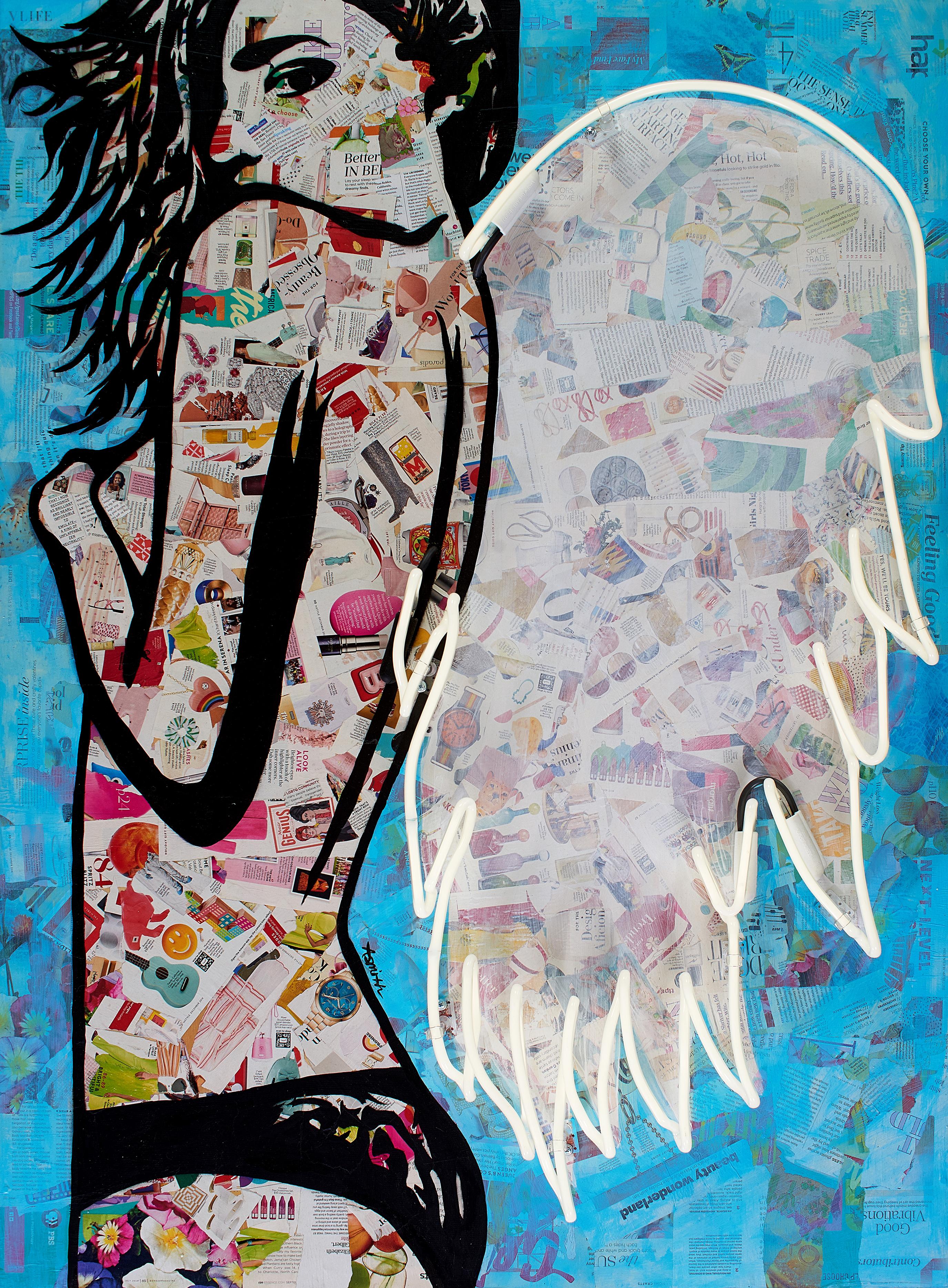 "Winged"-Mixed Media Collage, Stencil and Acrylic, with Neon, on Wood