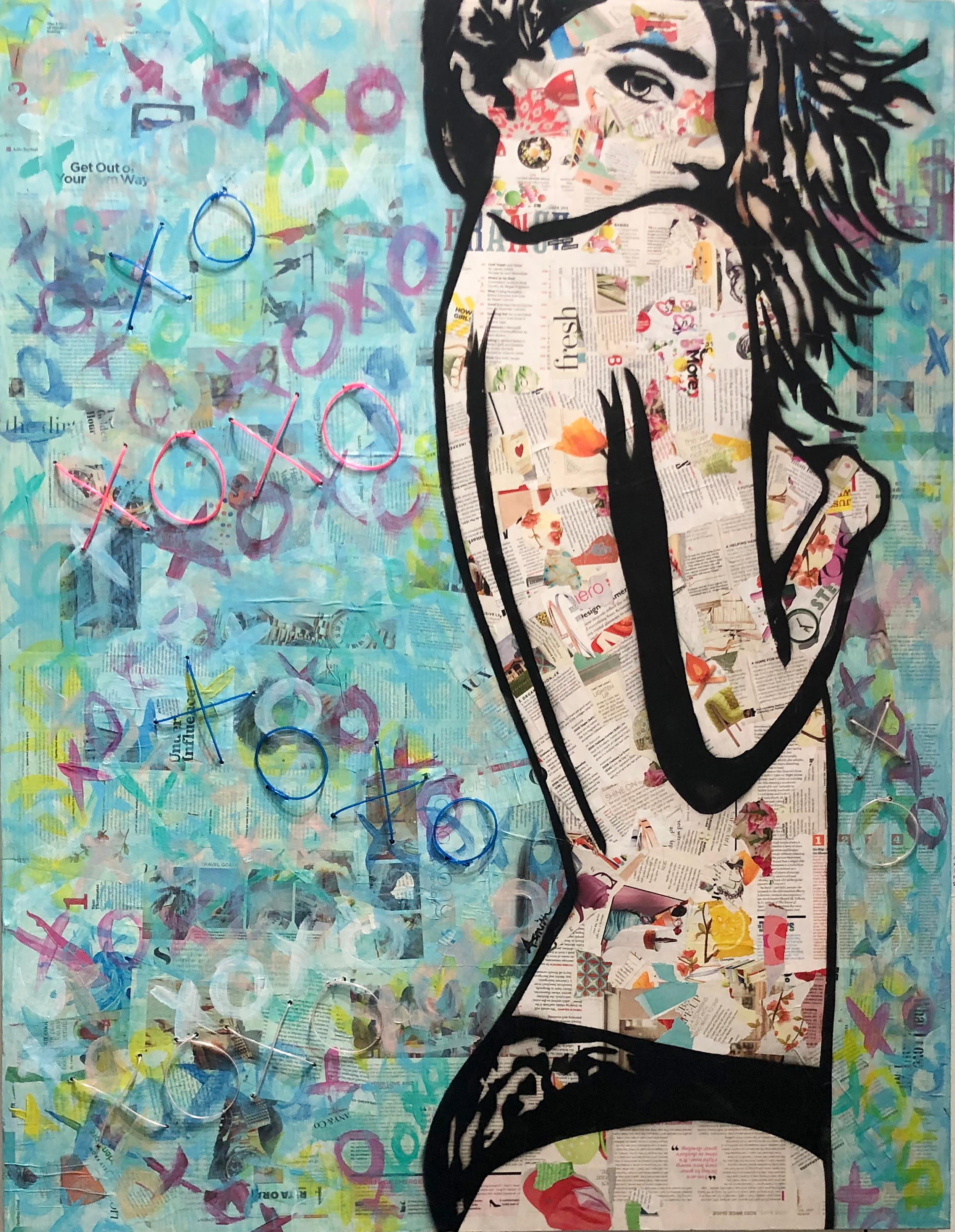 "XOXO" Collage, Stencil and Acrylic on Wood with Neon