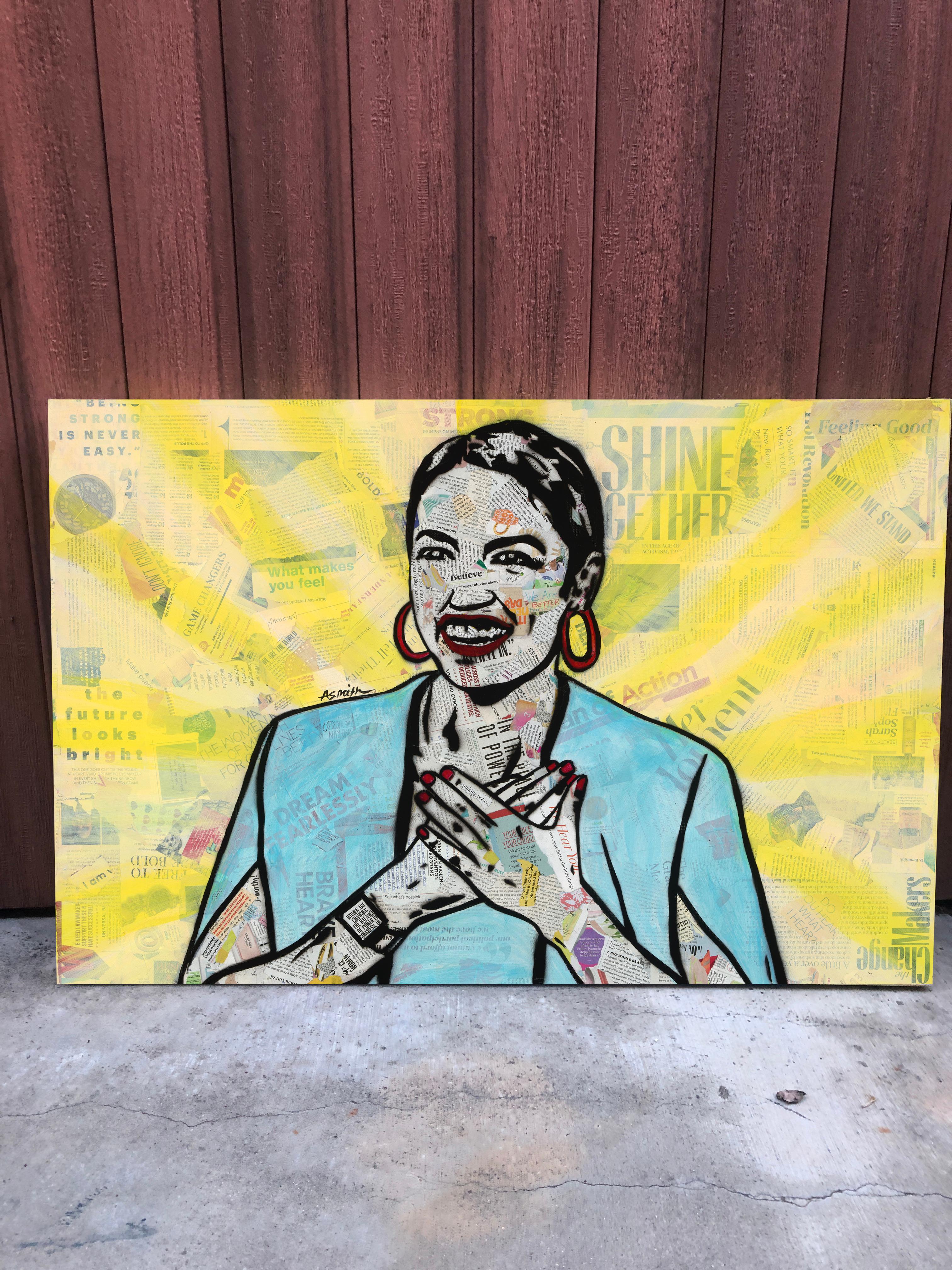 AOC - Contemporary Political Portrait of Alexandria Ocasio-Cortez in Yellow - Painting by Amy Smith