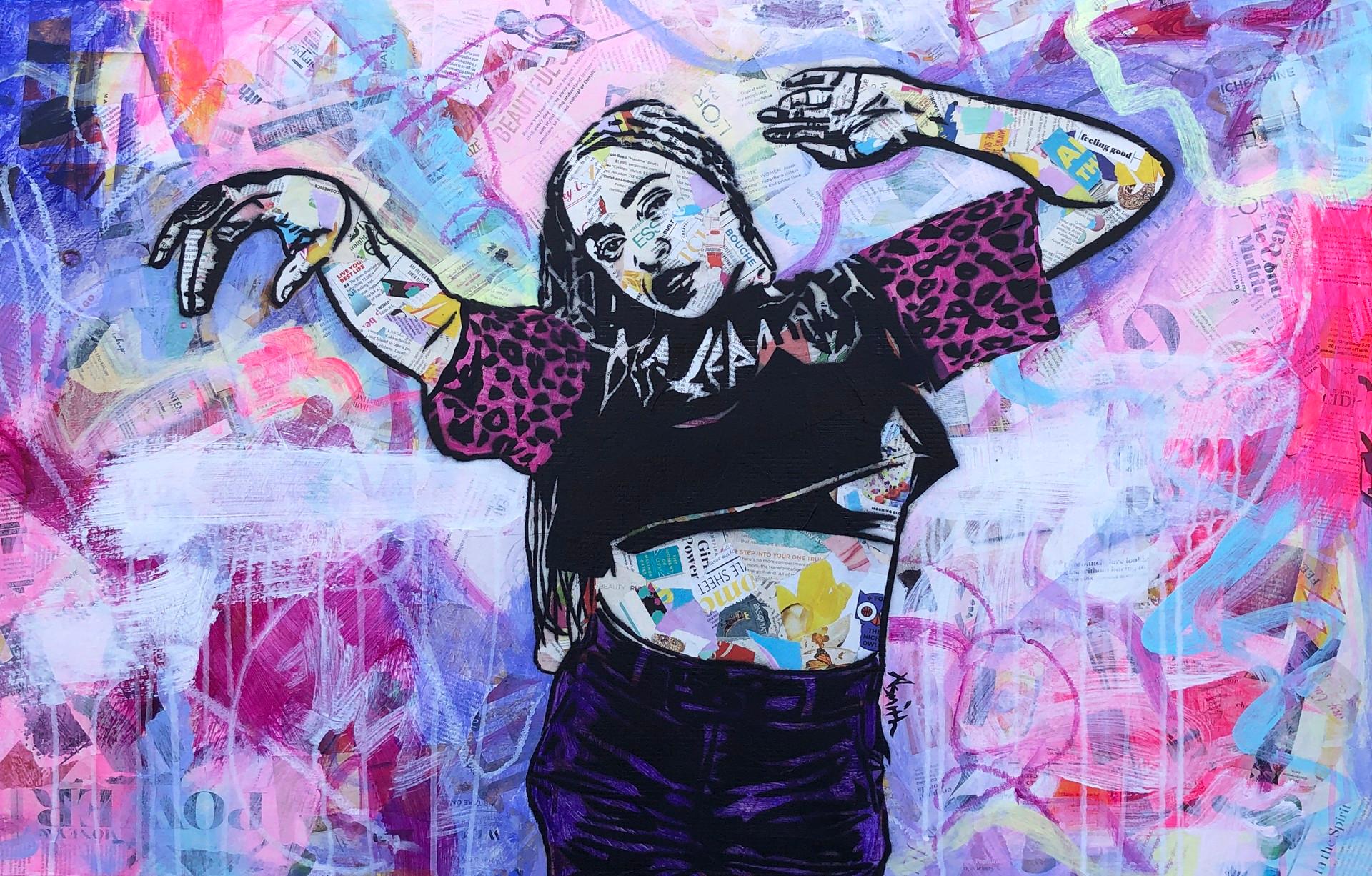 Amy Smith Portrait Painting – Feeling Good - Zeitgenössisches weibliches Pop-Porträt - (Purple + Rosa + Schwarz + Weiß