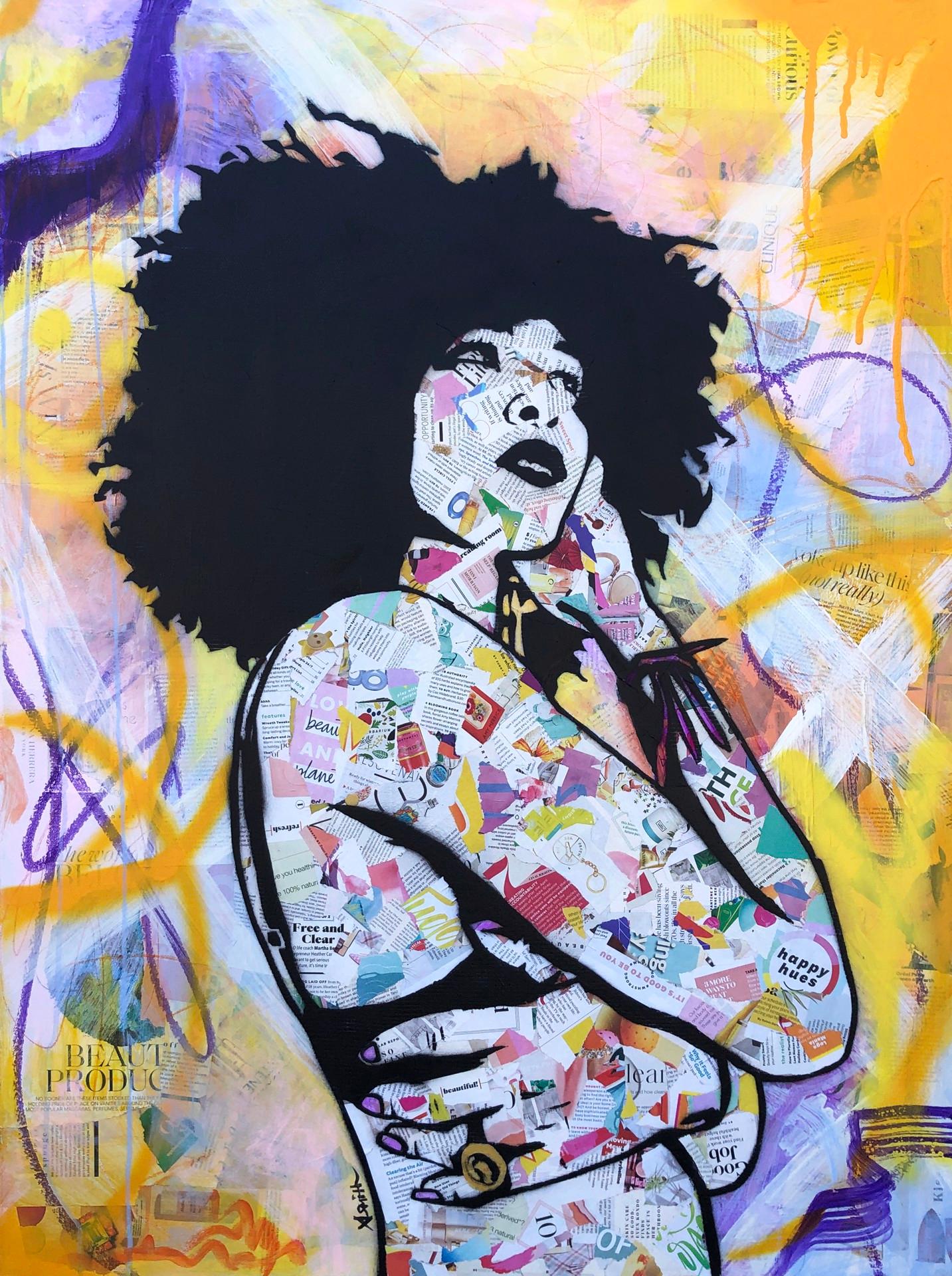 Amy Smith Figurative Painting - Free and Clear - Contemporary Female Pop Portrait - (Yellow + Pink + Black )