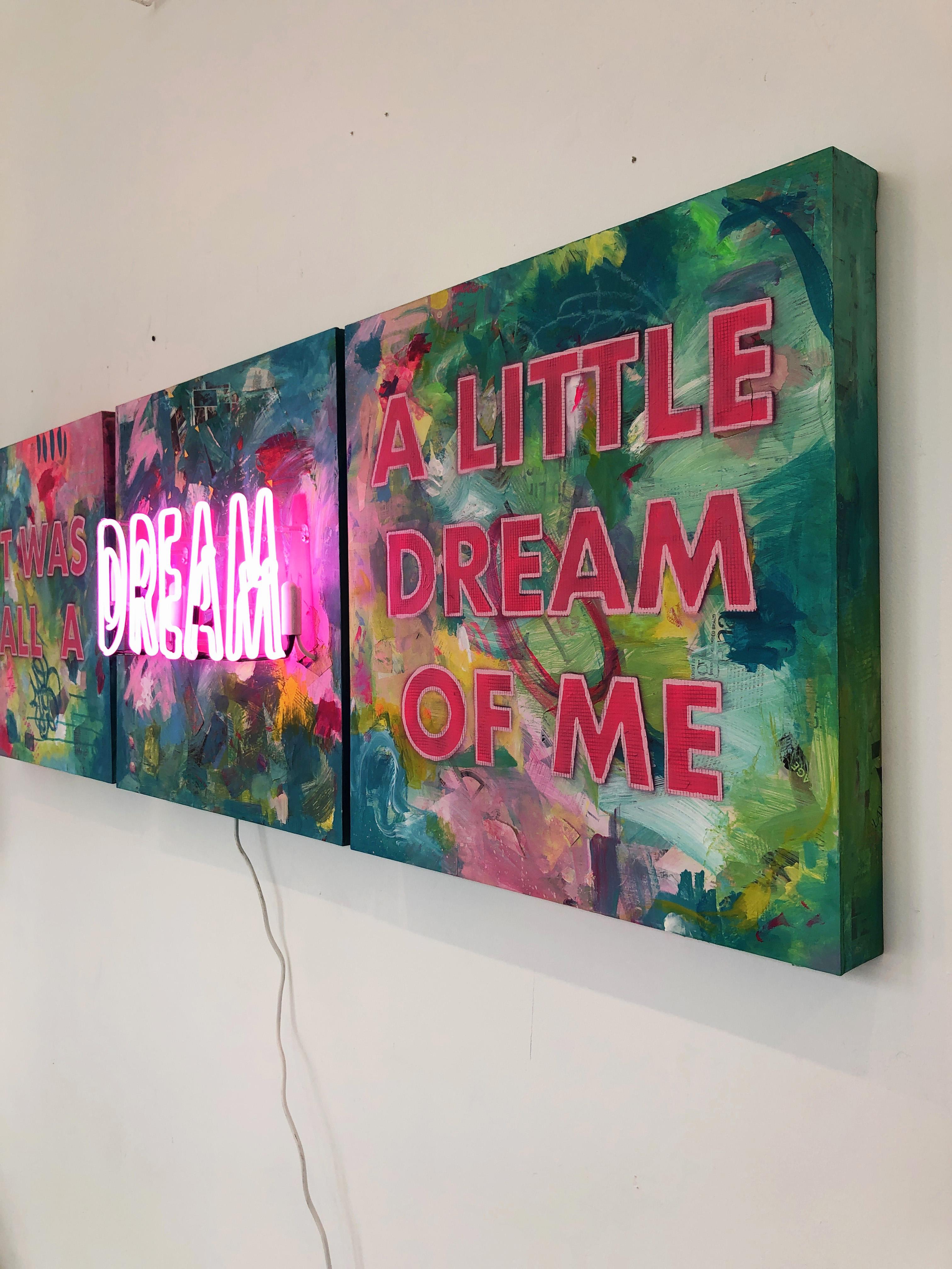 It Was All A Dream A Little Dream of Me - Triptych Acrylic on wood and Neon - Brown Abstract Painting by Amy Smith