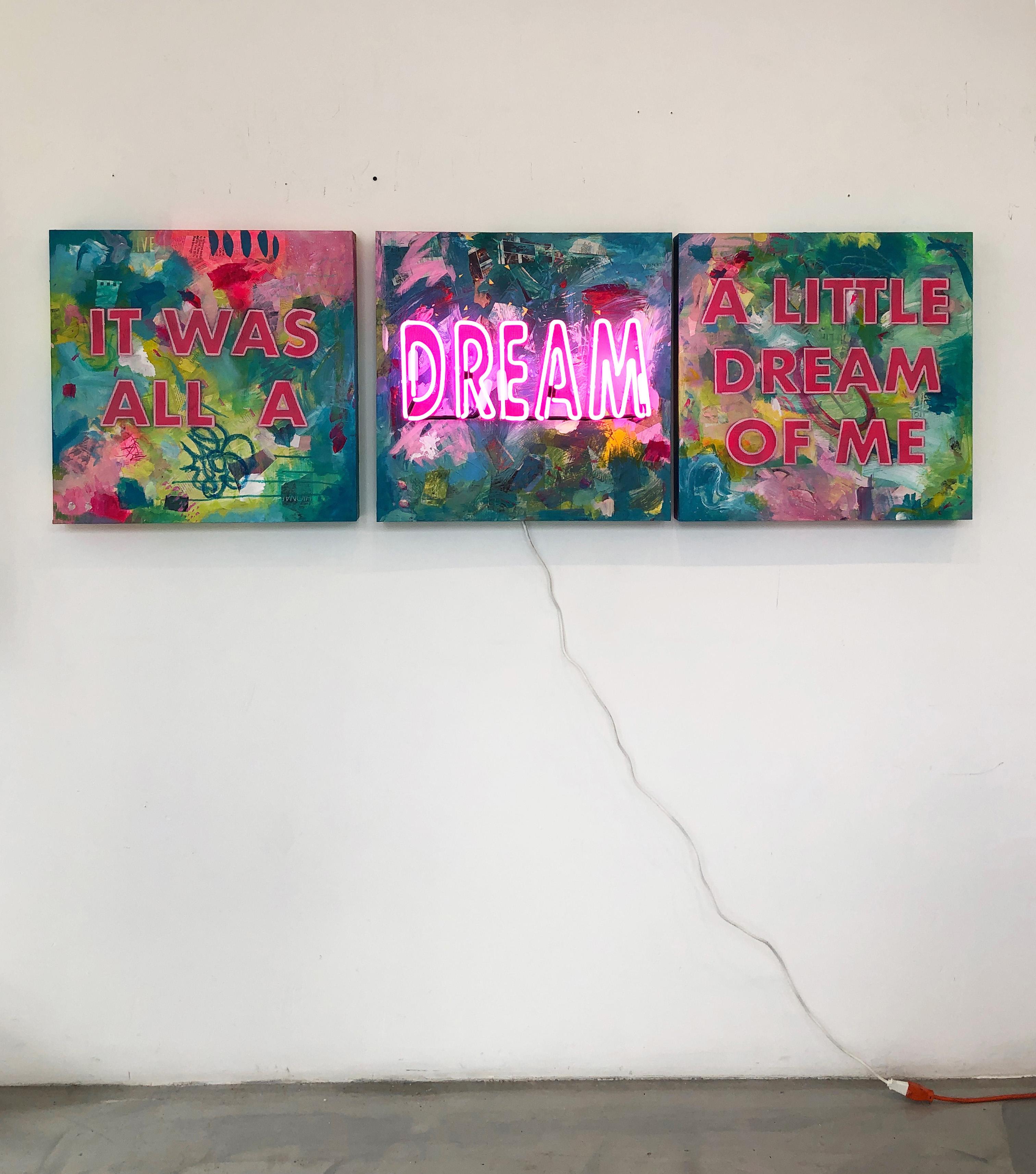  It Was All A Dream A Little Dream of Me - Triptych Acrylic on wood and Neon - Painting by Amy Smith