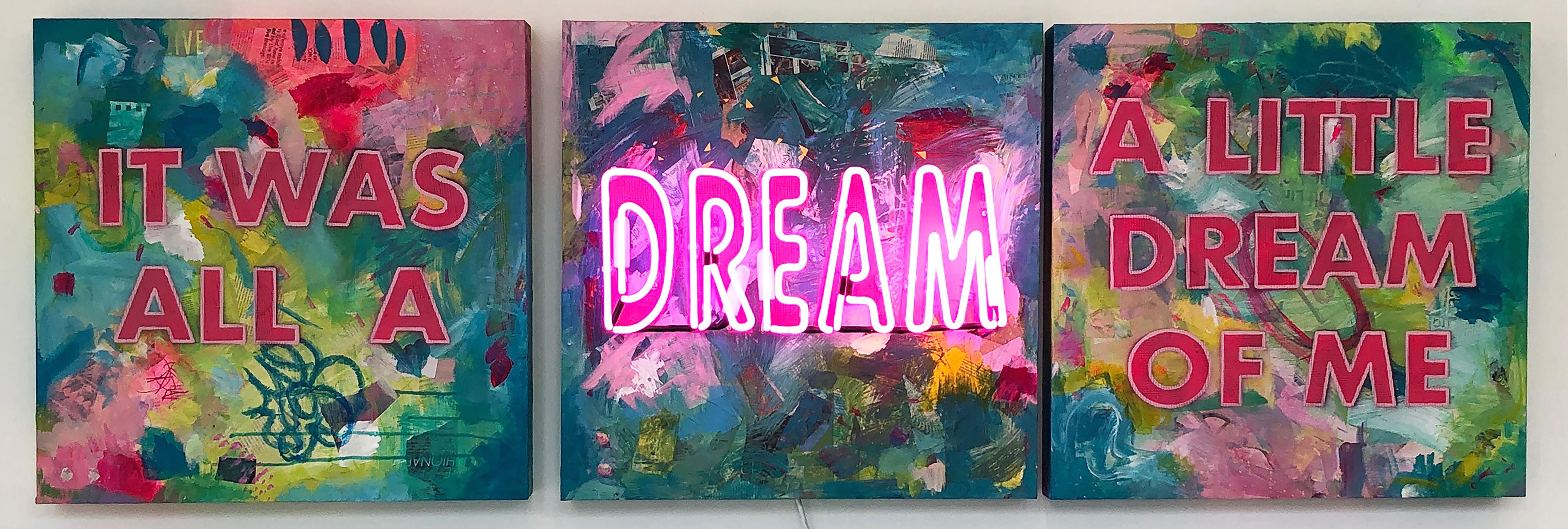 Amy Smith Abstract Painting -  It Was All A Dream A Little Dream of Me - Triptych Acrylic on wood and Neon