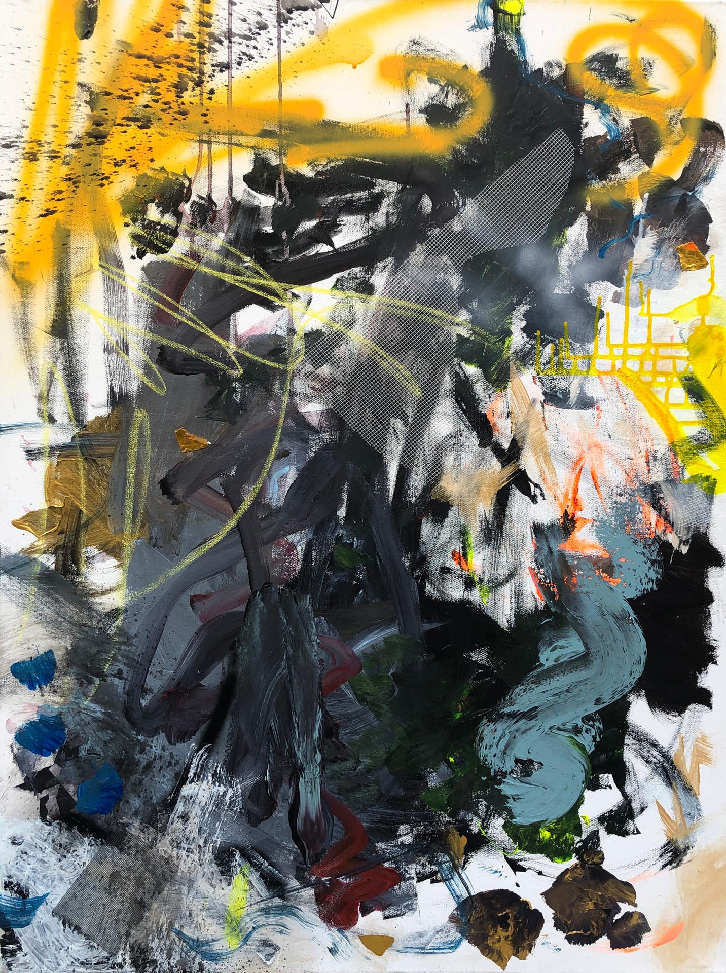 Kids Play - Contemporary Abstract Painting with Palpable Energy (Black+Yellow)