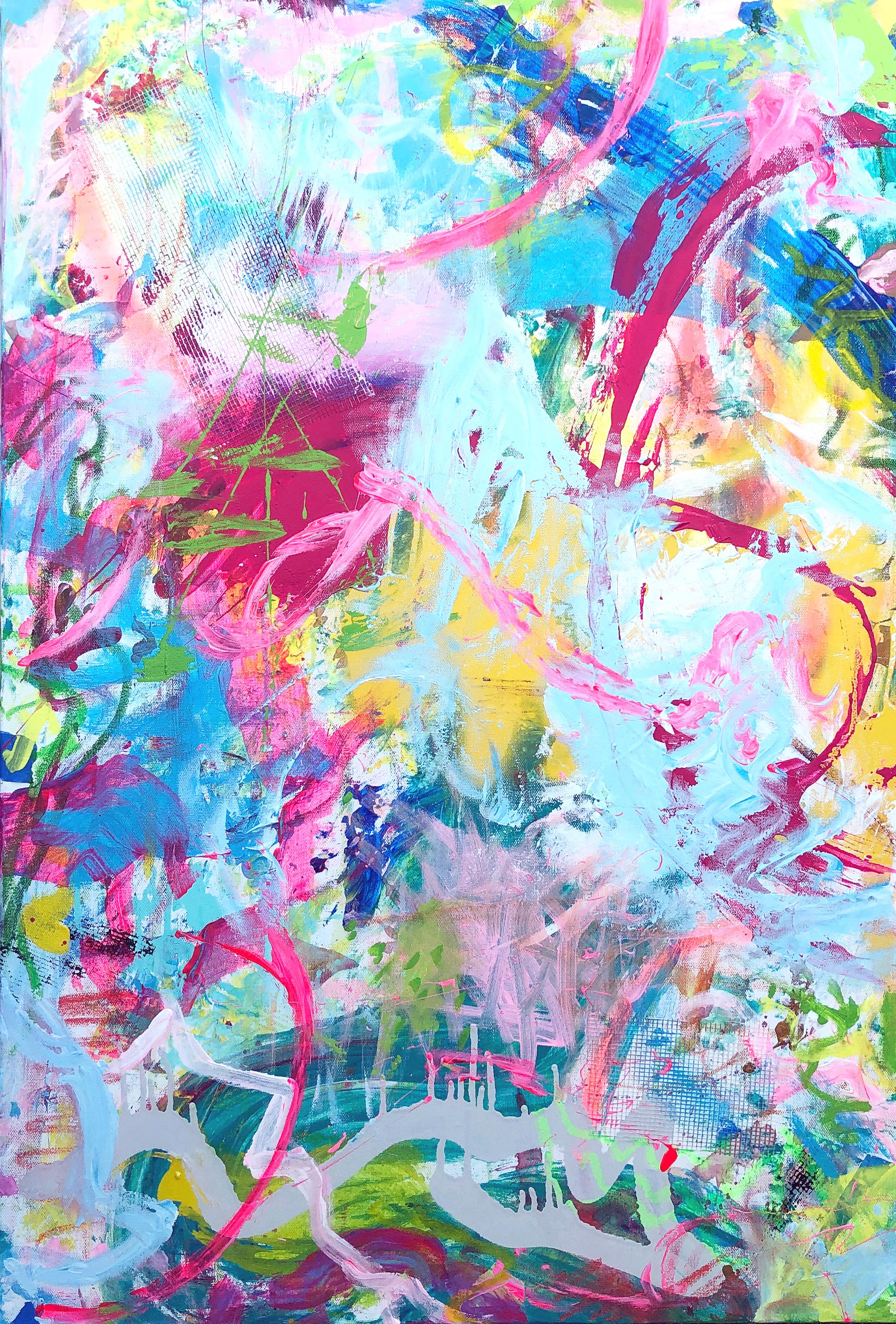 Amy Smith Abstract Painting - Outside The Lines - Abstract Contemporary Painting (Blue+Pink+Yellow+Green)