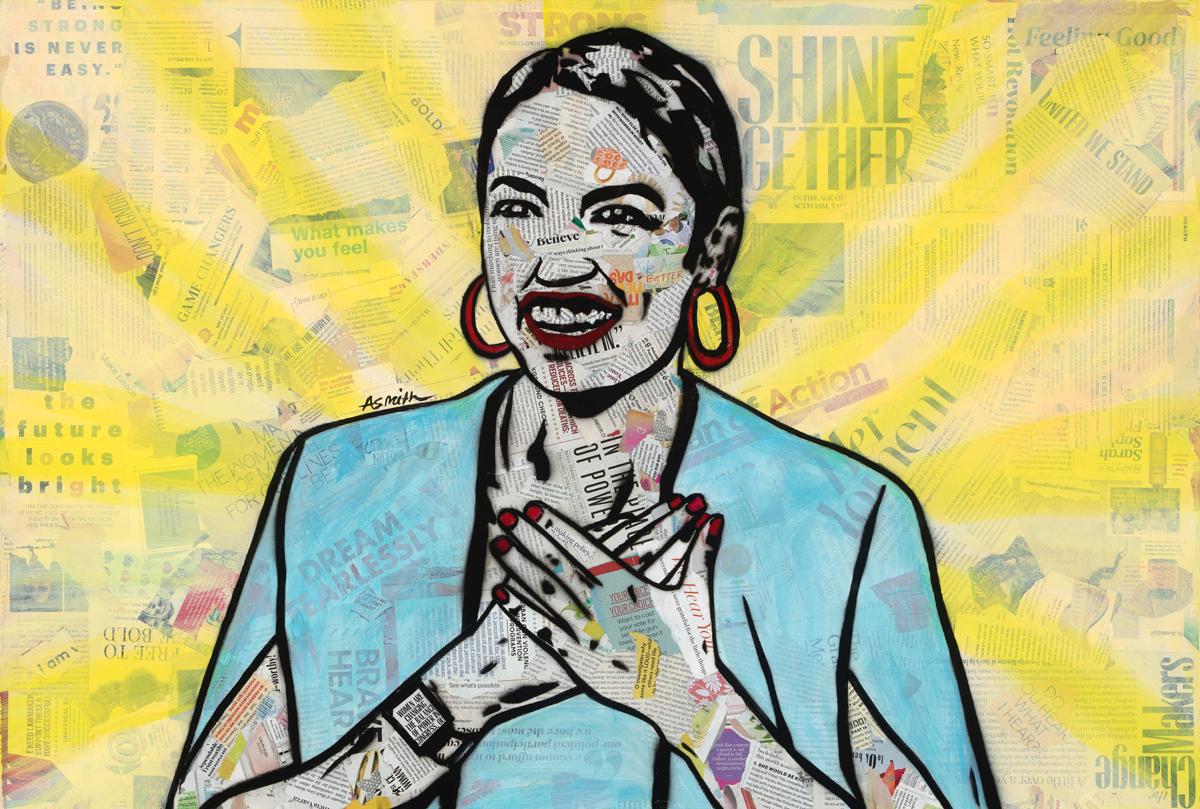 Figurative Print Amy Smith - AOC - Portrait contemporain d'Alexandria Ocasio-Cortez, imprimé Pop Art politique contemporain 