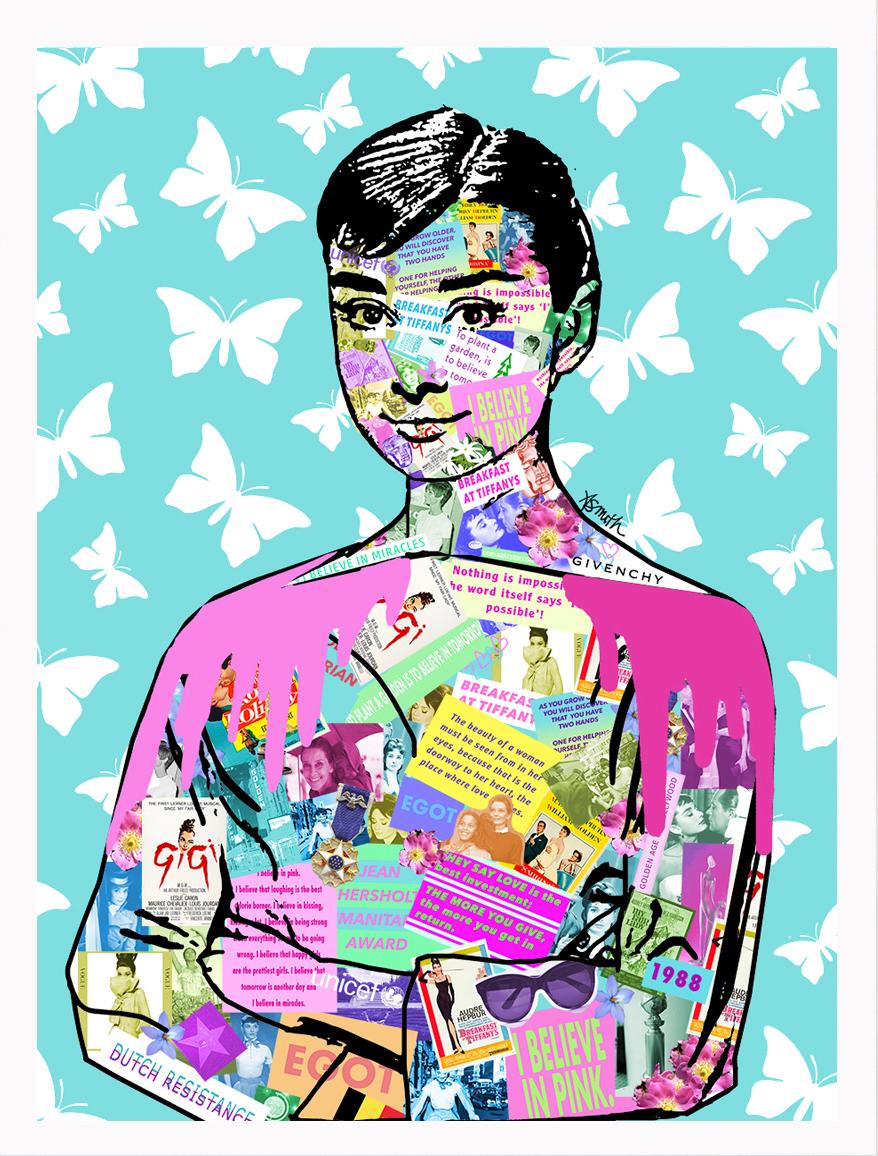Audrey Hepburn - Framed Contemporary POP Art Portrait (Teal + Pink + White) - Print by Amy Smith