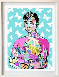 Audrey Hepburn - Framed Contemporary POP Art Portrait (Teal + Pink + White)