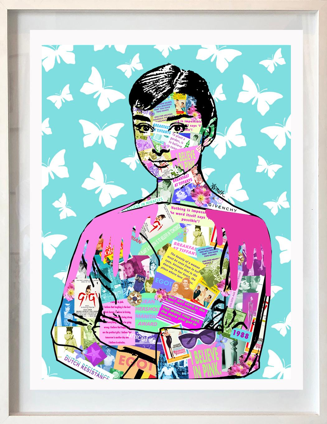 Amy Smith Figurative Print - Audrey Hepburn - Framed Contemporary POP Art Portrait (Teal + Pink + White)