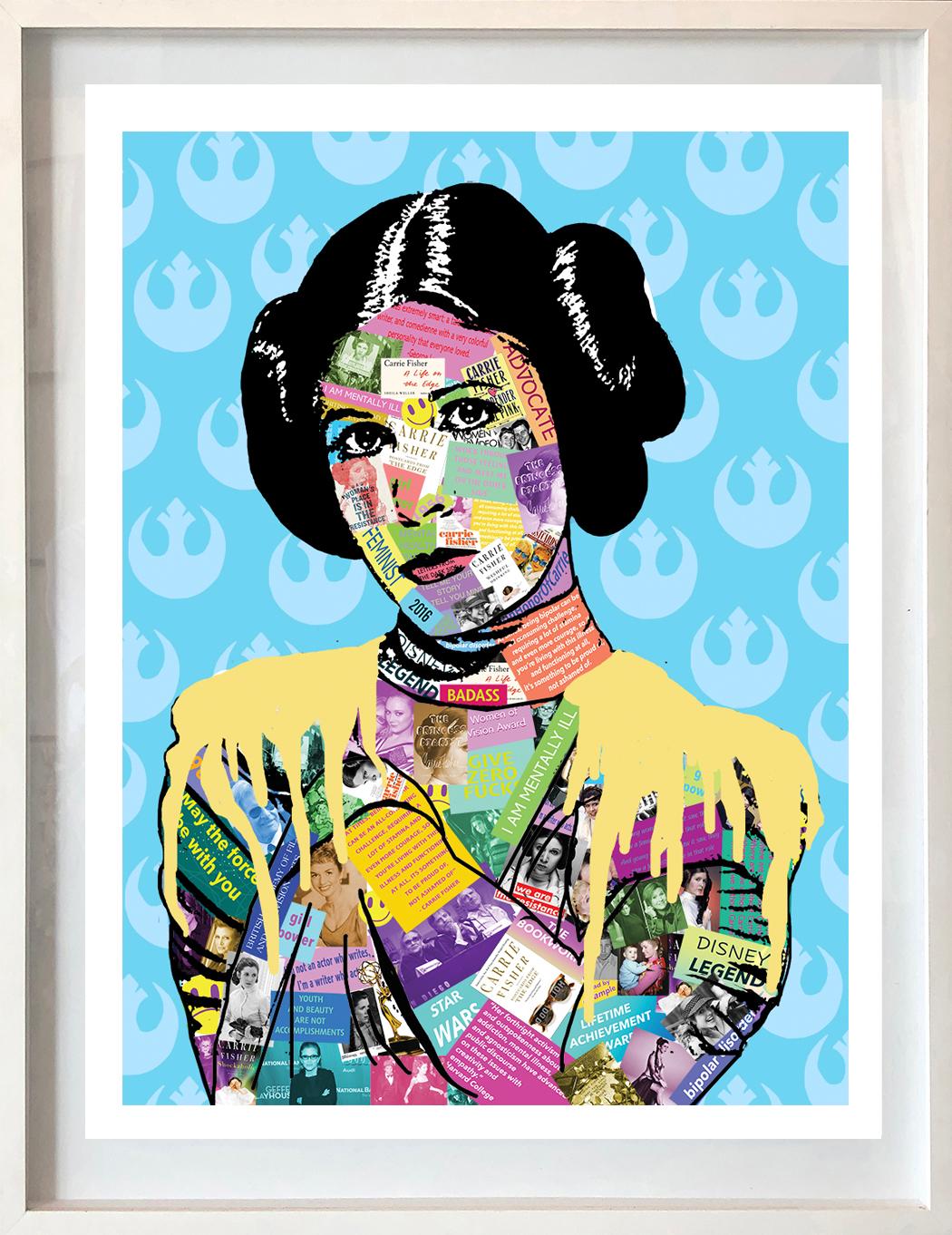 Amy Smith Portrait Print - ICON: My Life is Art, Carrie Fisher - FRAMED POP Art Print (Black + Blue +Yellow