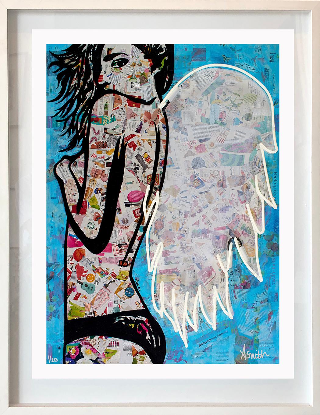 Amy Smith Figurative Print - Winged - Framed Contemporary Limited Edition Print White + Blue + Pink