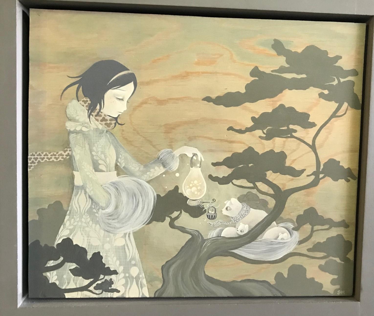 Modern Amy Sol Korean American Signed Original Framed Painting on Wood Charm Lantern