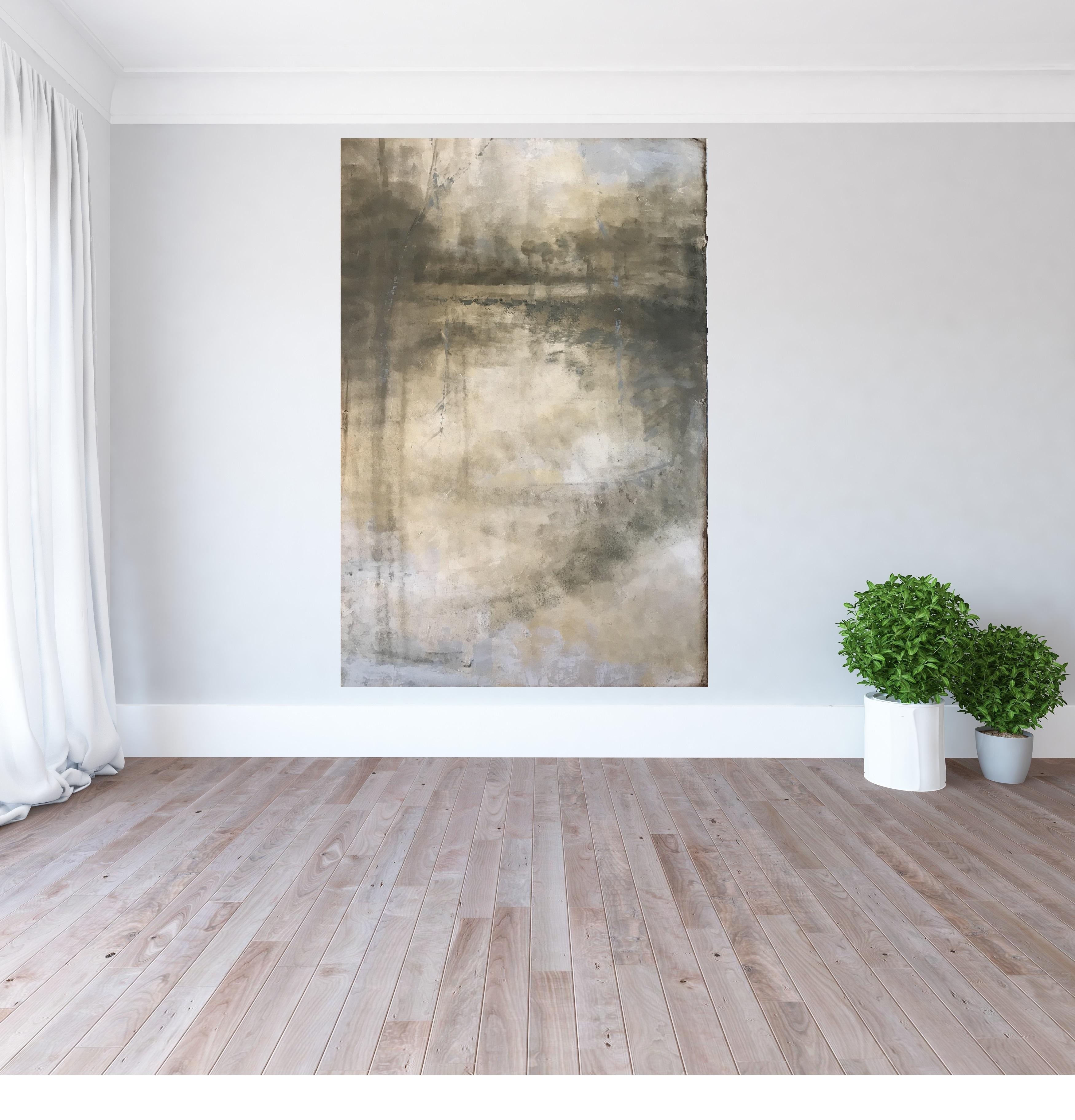 'Lyrical Moonlight I' is a large mixed media on board abstracted landscape painting created by American artist Amy Sullivan in 2018. Featuring a soft palette mostly made of brown and grey tones, the painting exudes an aura of subtle mystery. The