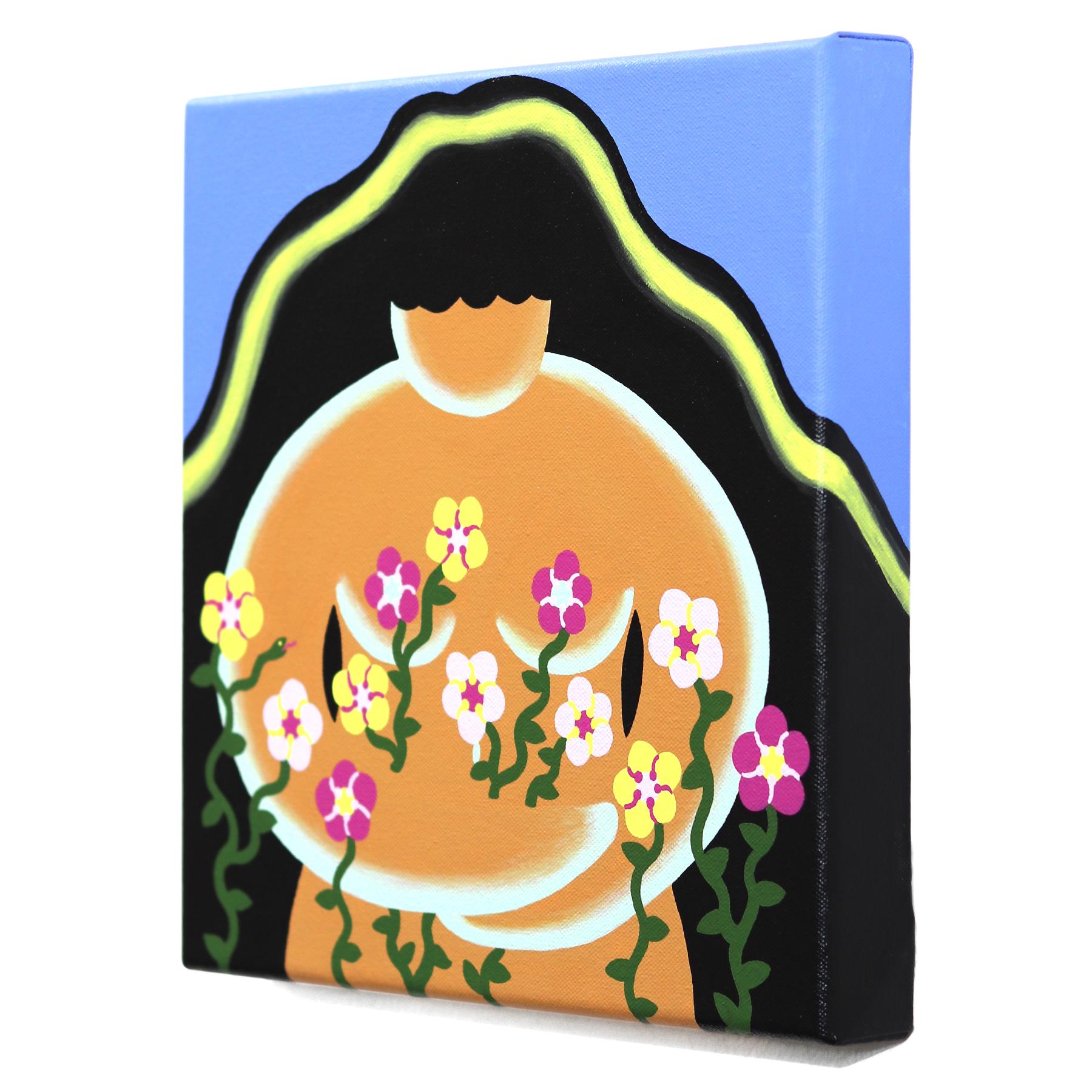 Blumenblumen Dame – Original Surrealistisches, farbenfrohes, figuratives Gemälde im Angebot 1