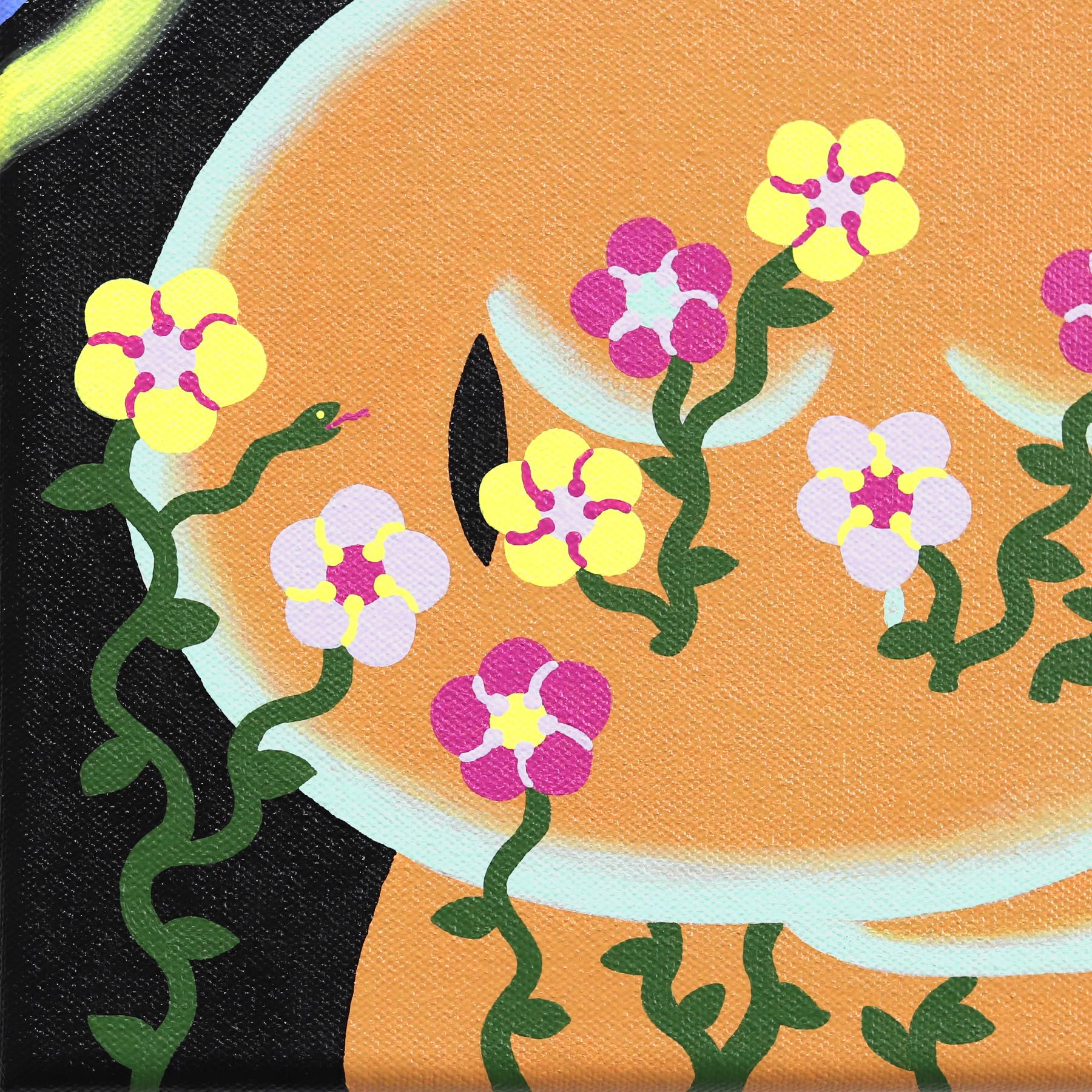 Blumenblumen Dame – Original Surrealistisches, farbenfrohes, figuratives Gemälde im Angebot 4
