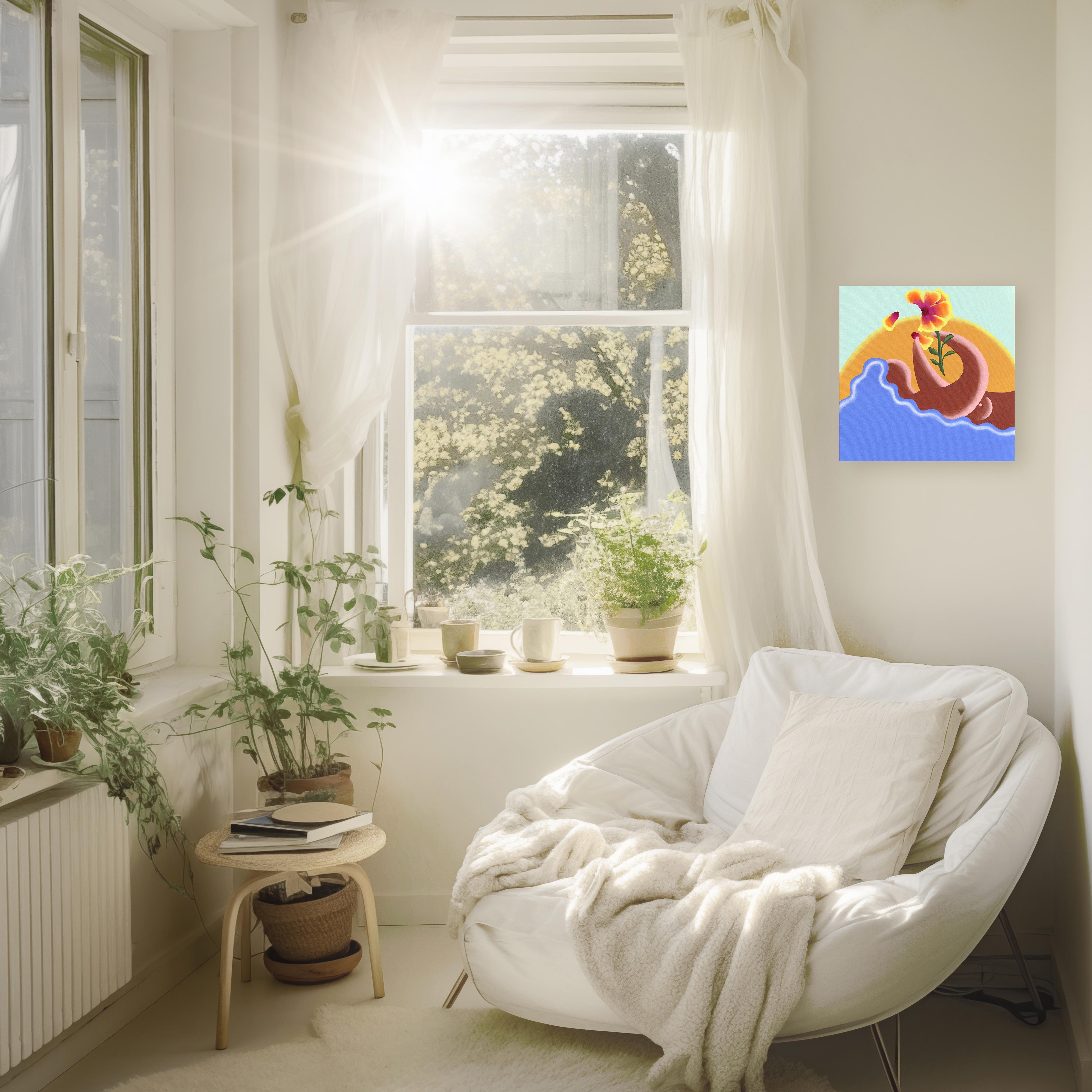 Sonnenuntergang – Original surrealistisches, farbenfrohes, figuratives Gemälde im Angebot 1