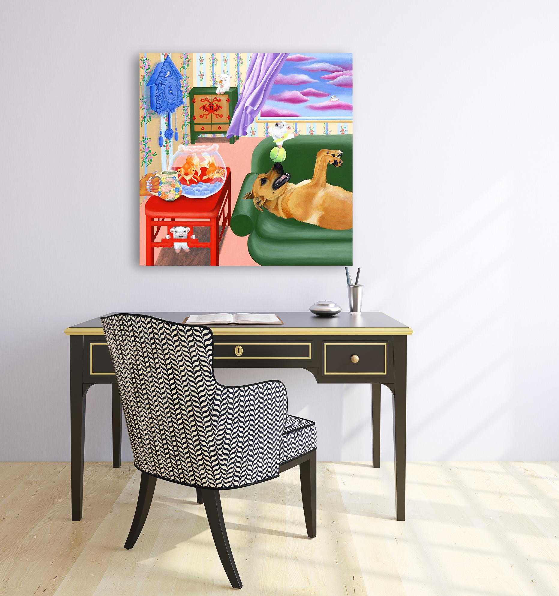 Supernatural Delight - Original Surrealist Buntes Tier-Stillleben Gemälde – Painting von Amy Tai