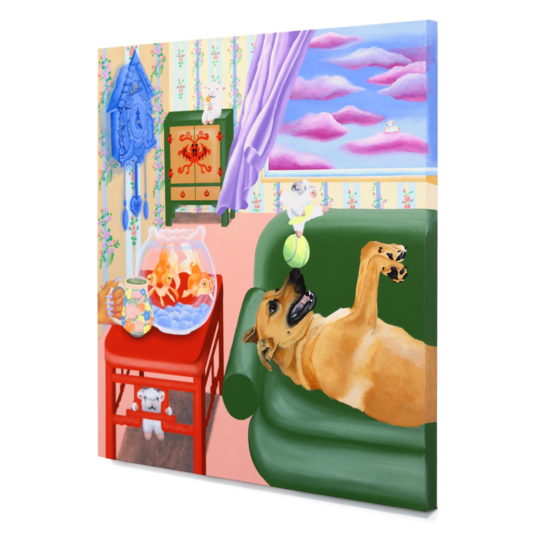 Supernatural Delight - Original Surrealist Buntes Tier-Stillleben Gemälde (Grau), Animal Painting, von Amy Tai