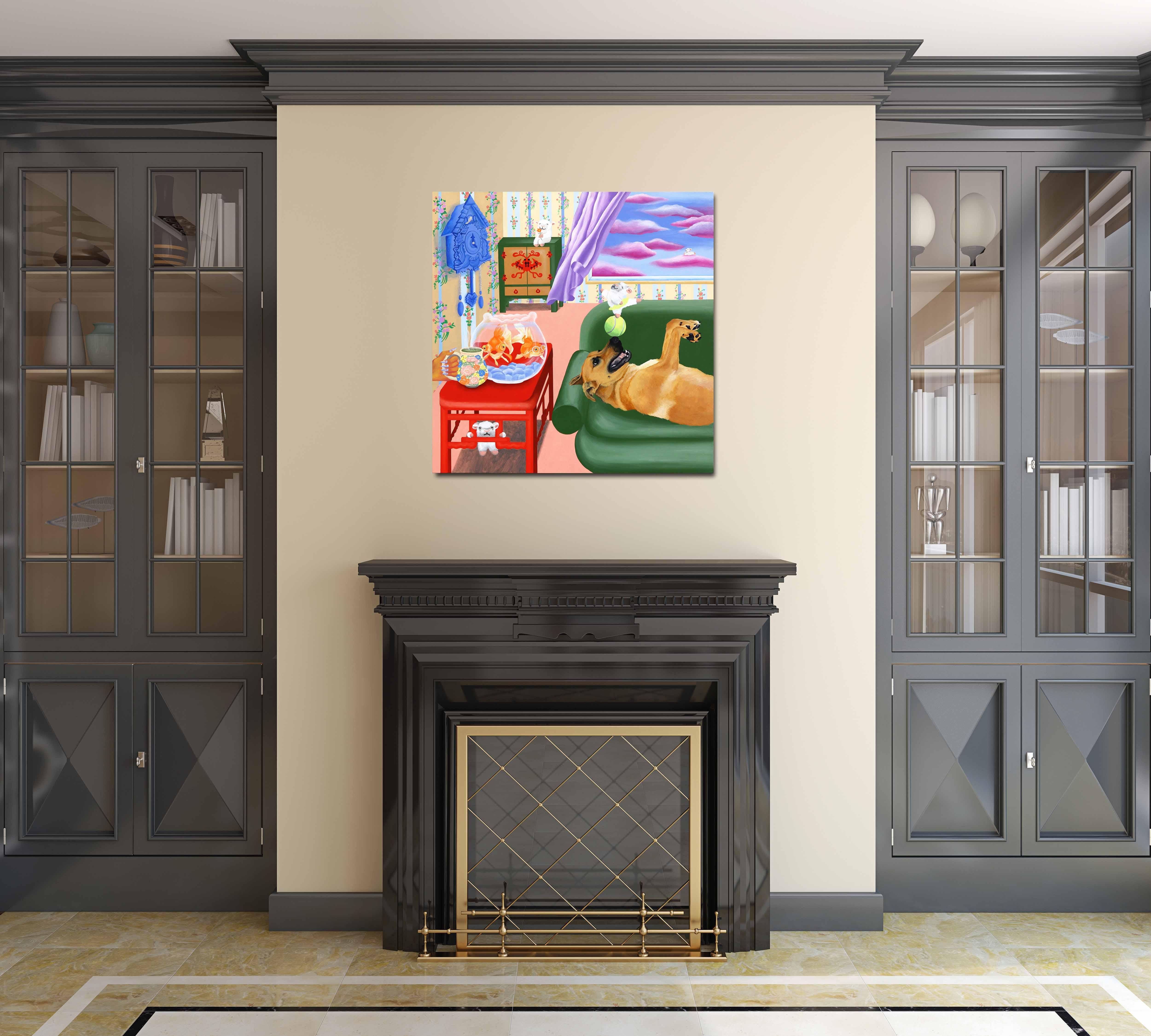 Supernatural Delight - Original Surrealist Buntes Tier-Stillleben Gemälde im Angebot 1