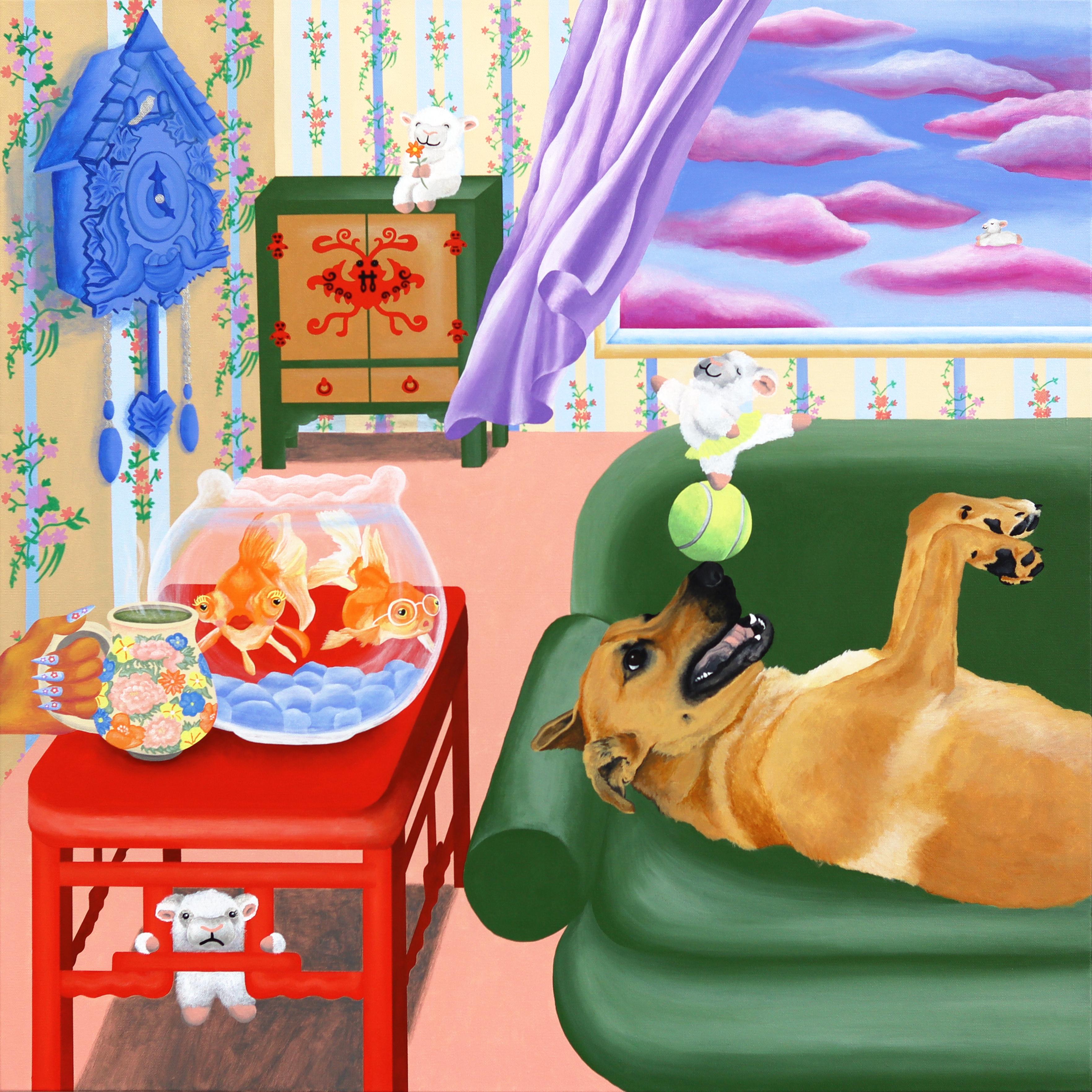 Supernatural Delight - Original Surrealist Buntes Tier-Stillleben Gemälde