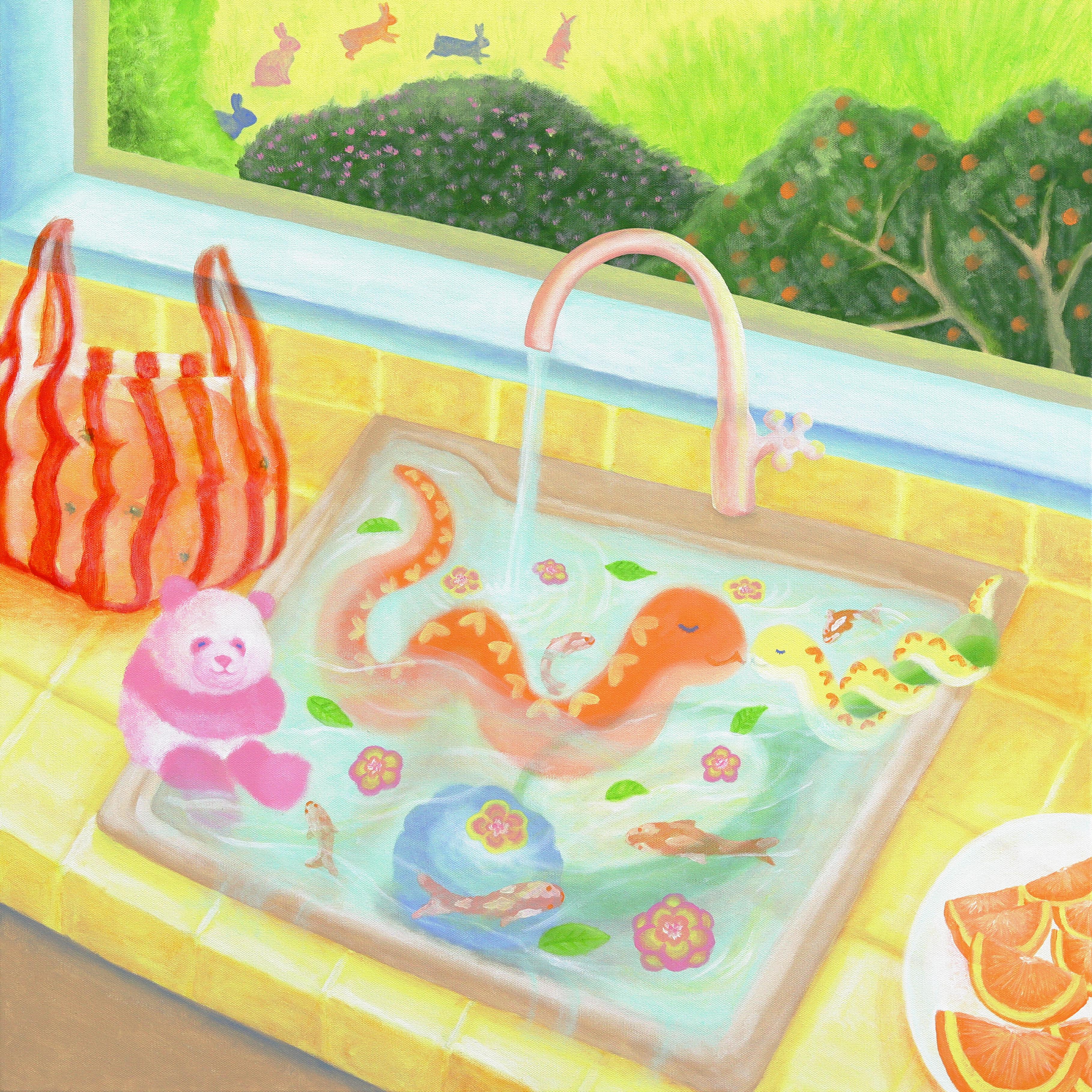 The Bunnies Are Out  - Quirky Surrealist Colorful Still Life Painting on Canvas