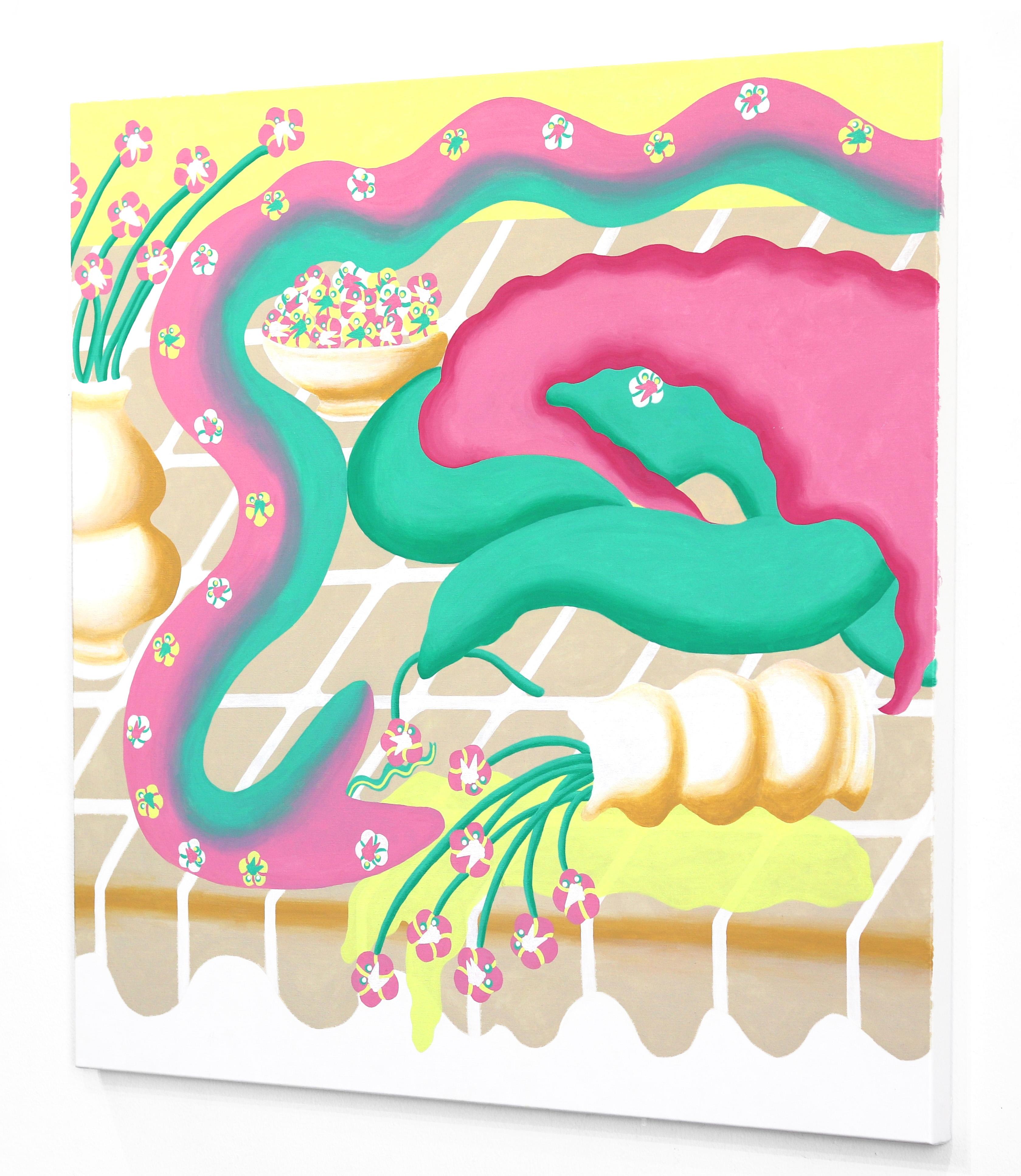 Topsy Turvy - Original Surrealist Vibrant Pastel Still Life Snake Painting For Sale 2