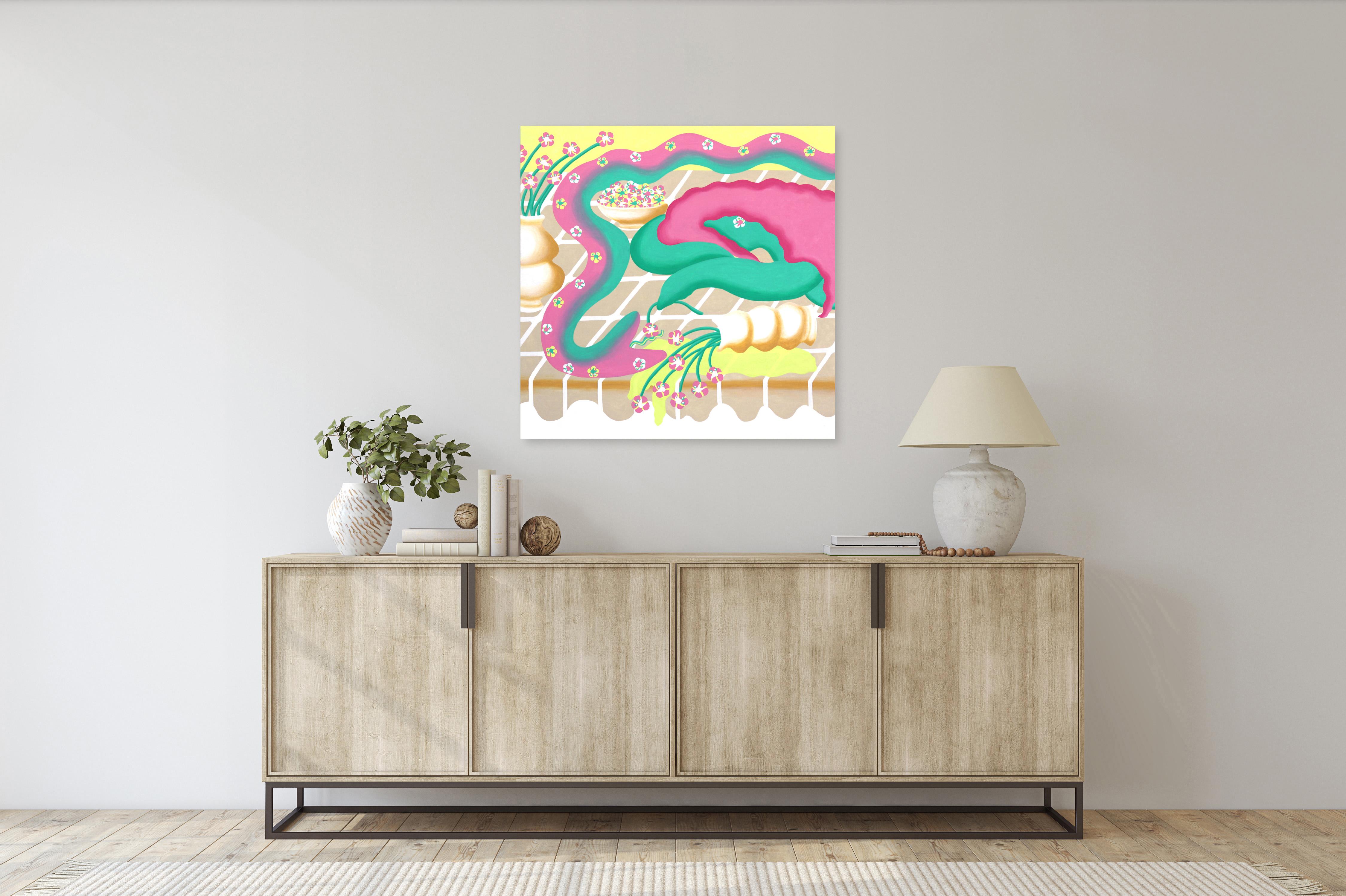 Topsy Turvy - Original Surrealist Vibrant Pastel Still Life Snake Painting For Sale 4