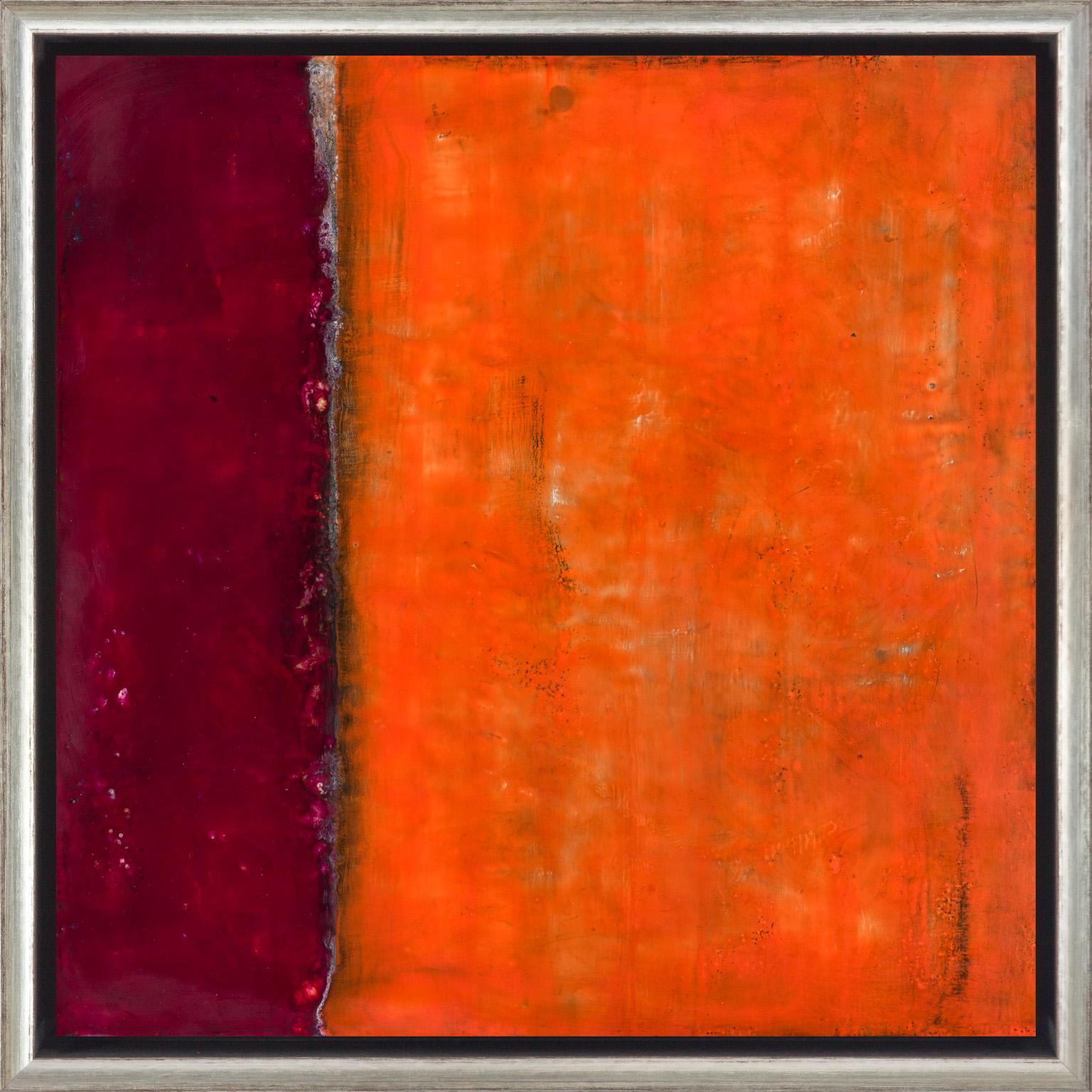 Amy Van Winkle Abstract Painting - "Wonderful Unknown XLVIII" Encaustic Red and Orange Color Blocking on Board